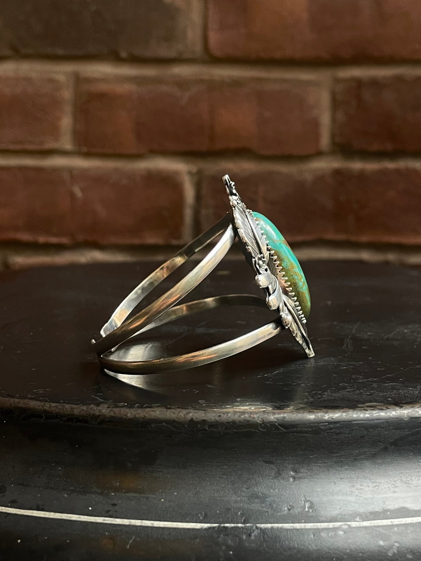 Kingman Turquoise Cuff | Oval Stone Floral Leaf | 925 Silver E688