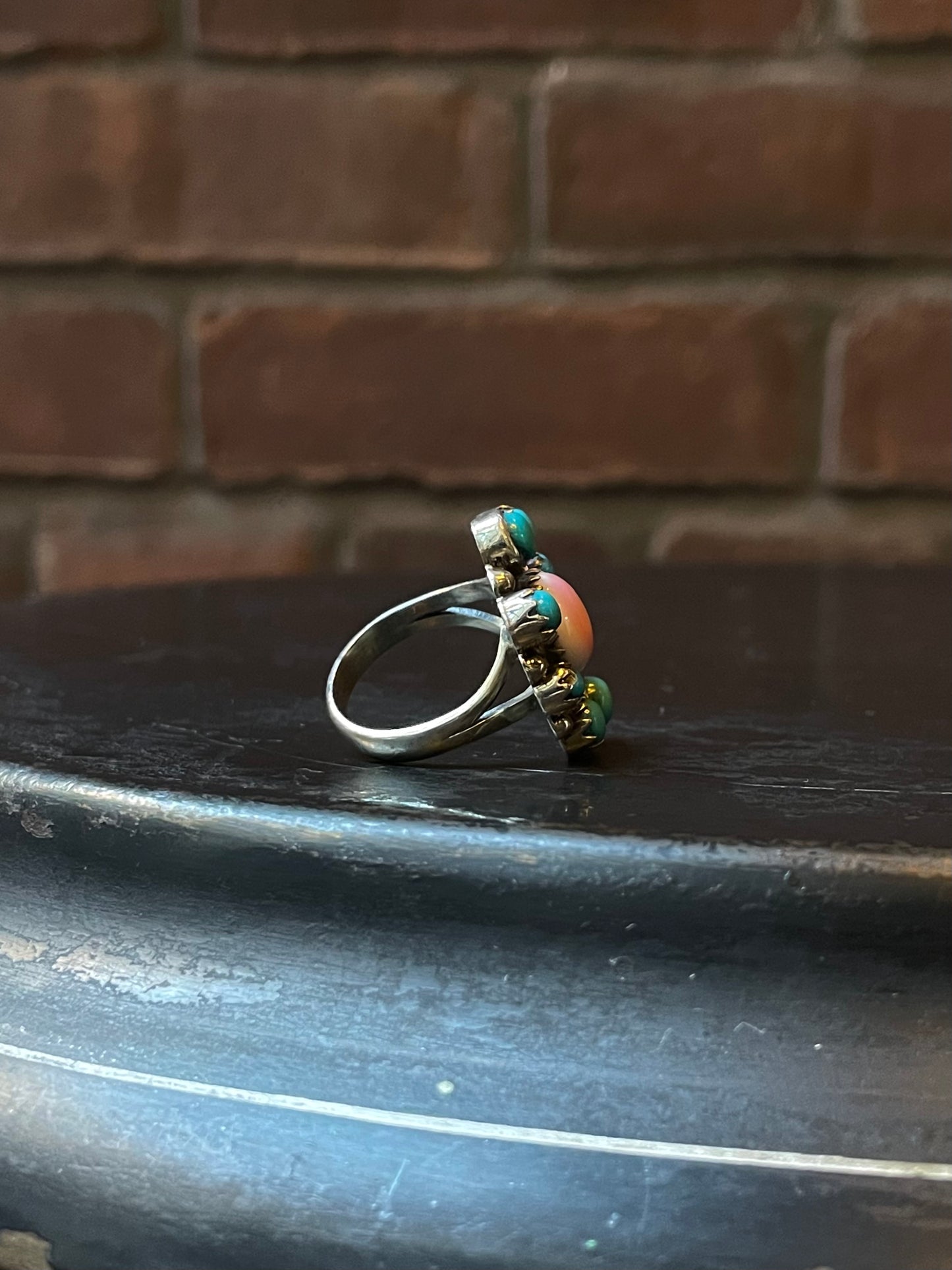 Pink Conch & Kingman Turquoise Cluster Ring Size 7.5 | 925 Sterling Silver E418