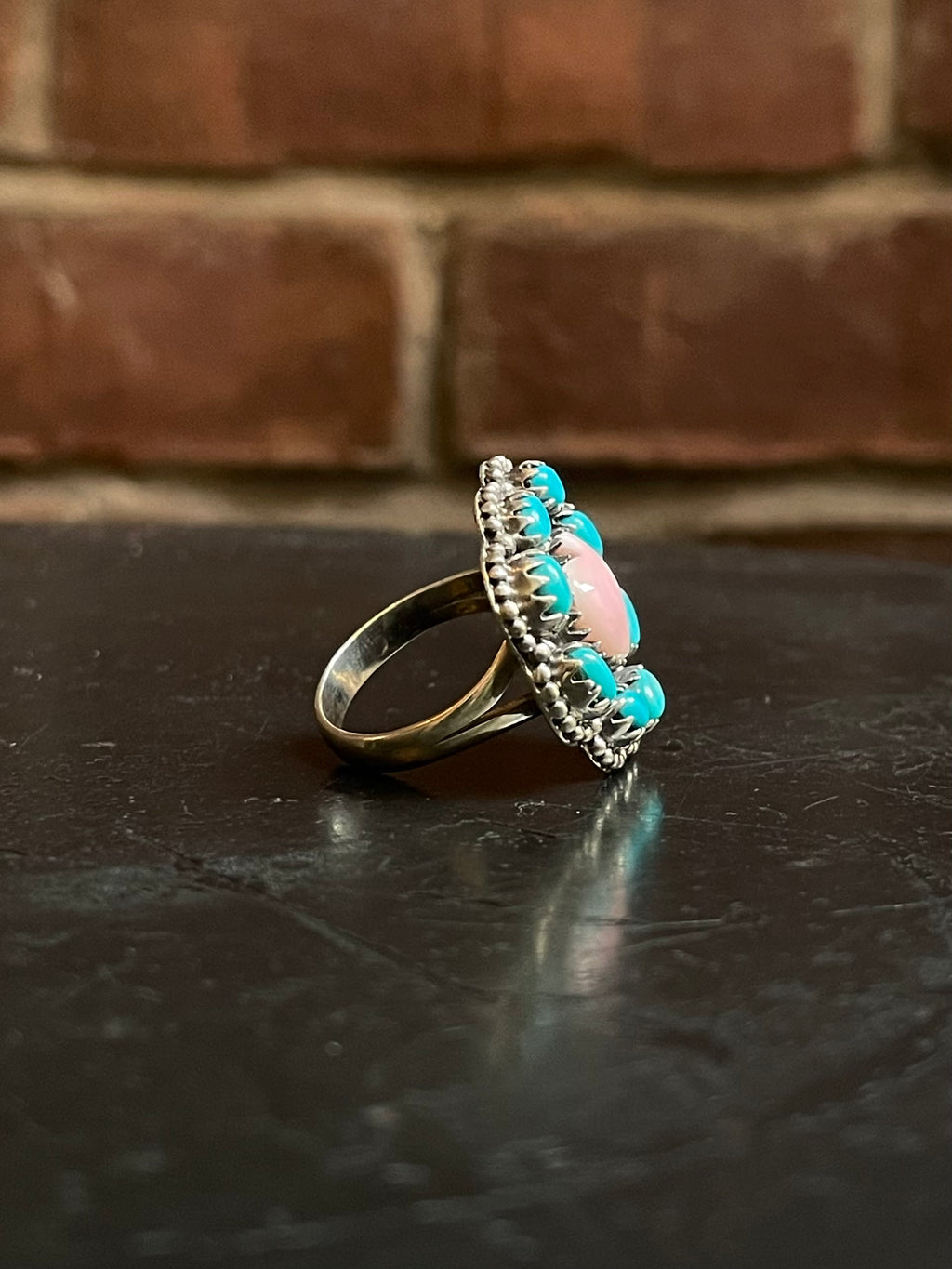 Pink Conch Heart & Kingman Turquoise Ring Size 7 | Sterling Silver G486