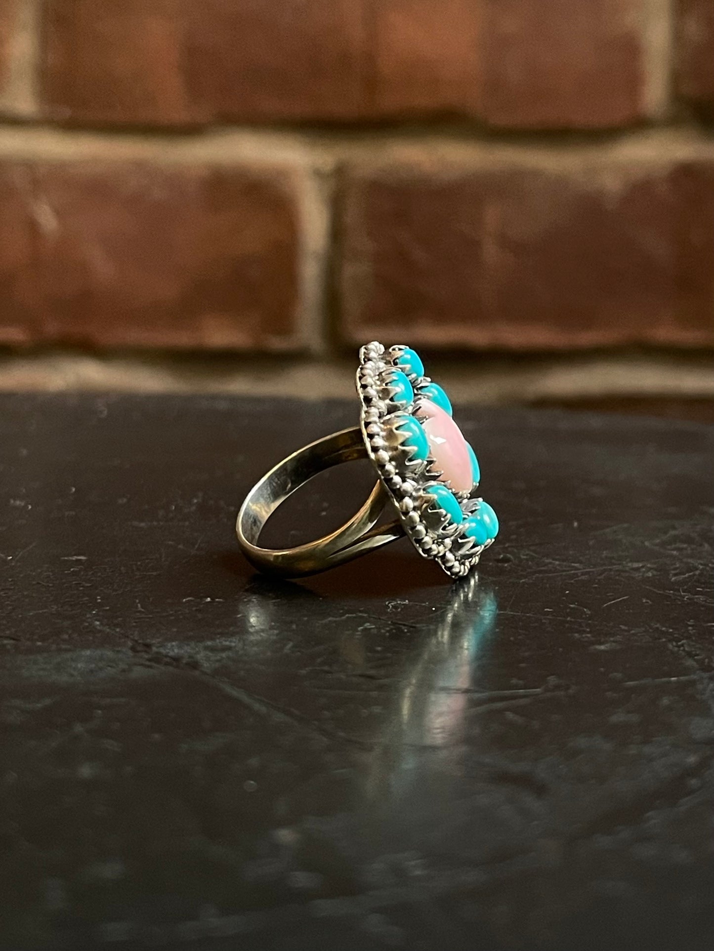Pink Conch Heart & Kingman Turquoise Ring Size 7 | Sterling Silver G486