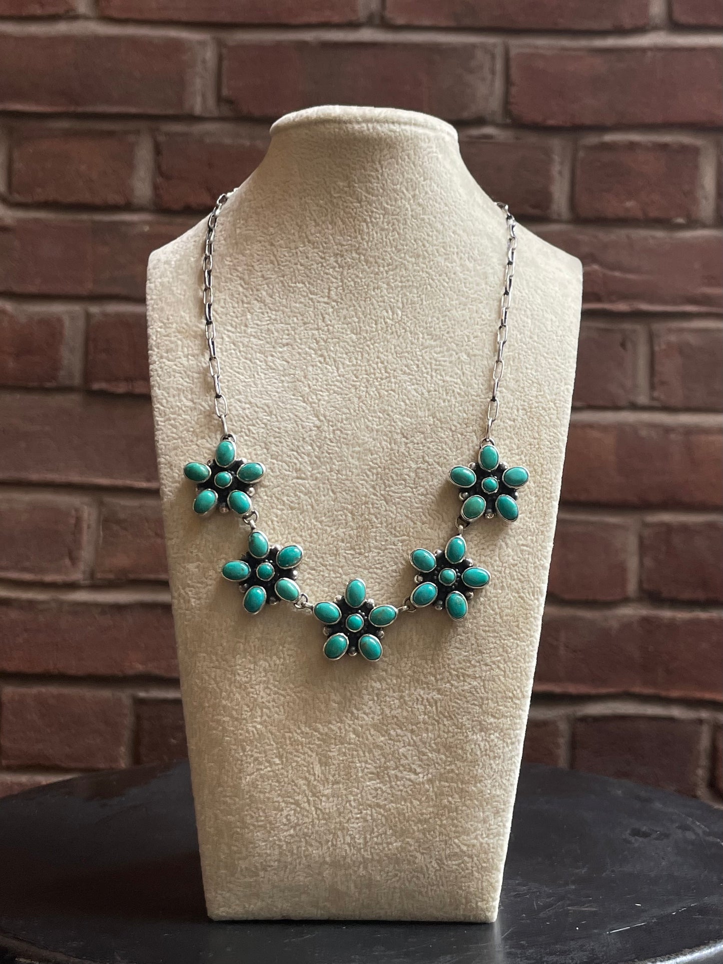Kingman Turquoise Flower Cluster Necklace | 925 Sterling Silver E633