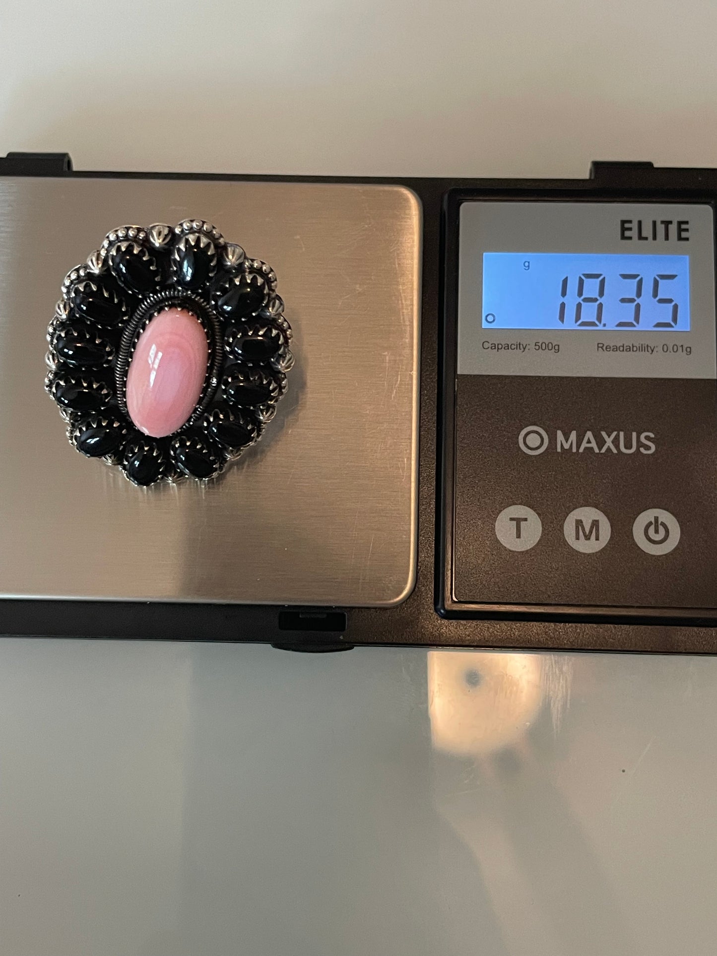 Pink Conch & Black Onyx Cluster Ring | Sterling Silver | Size 7 G339