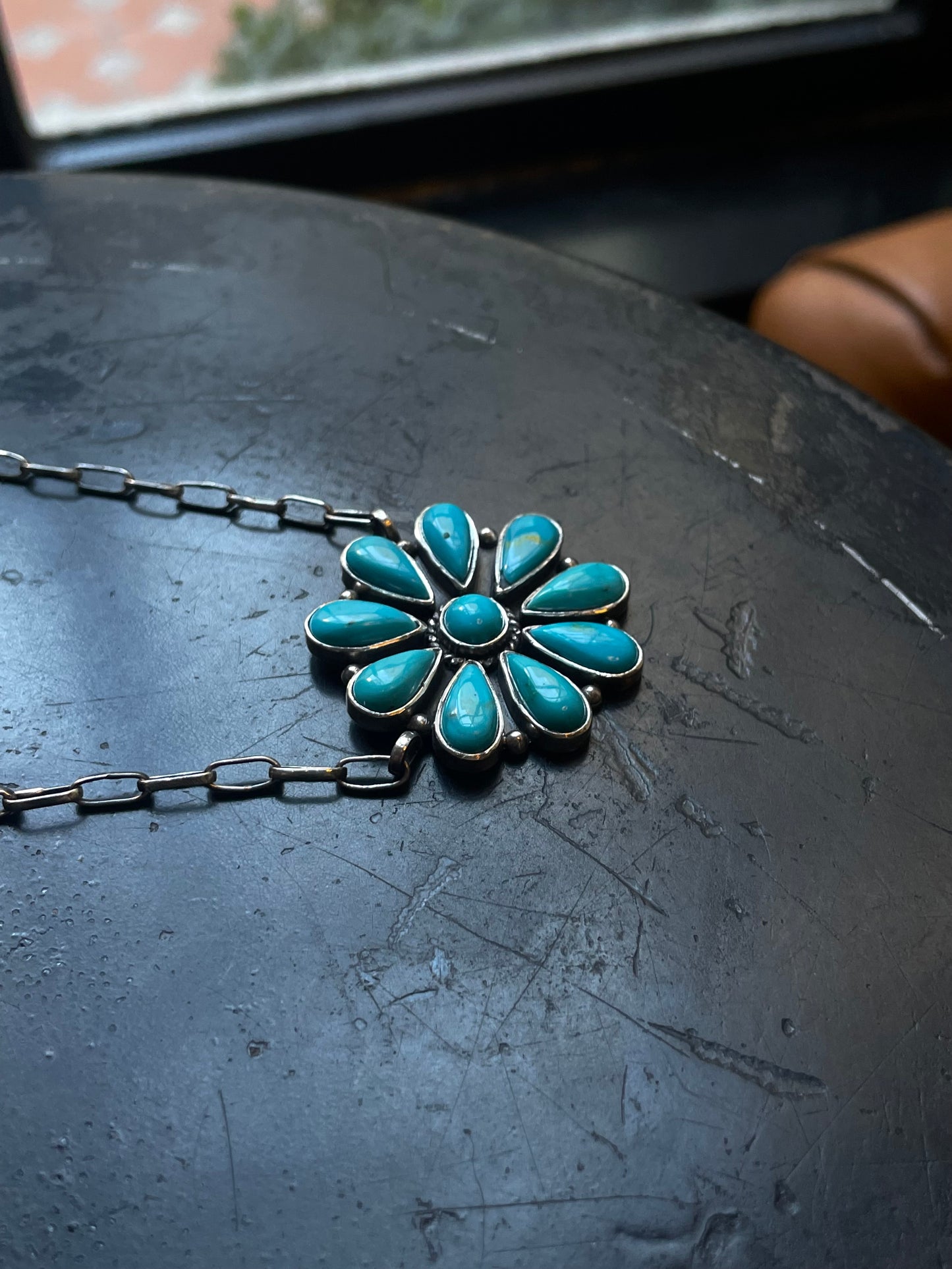 Kingman Turquoise Flower Cluster Necklace | 925 Sterling Silver E604