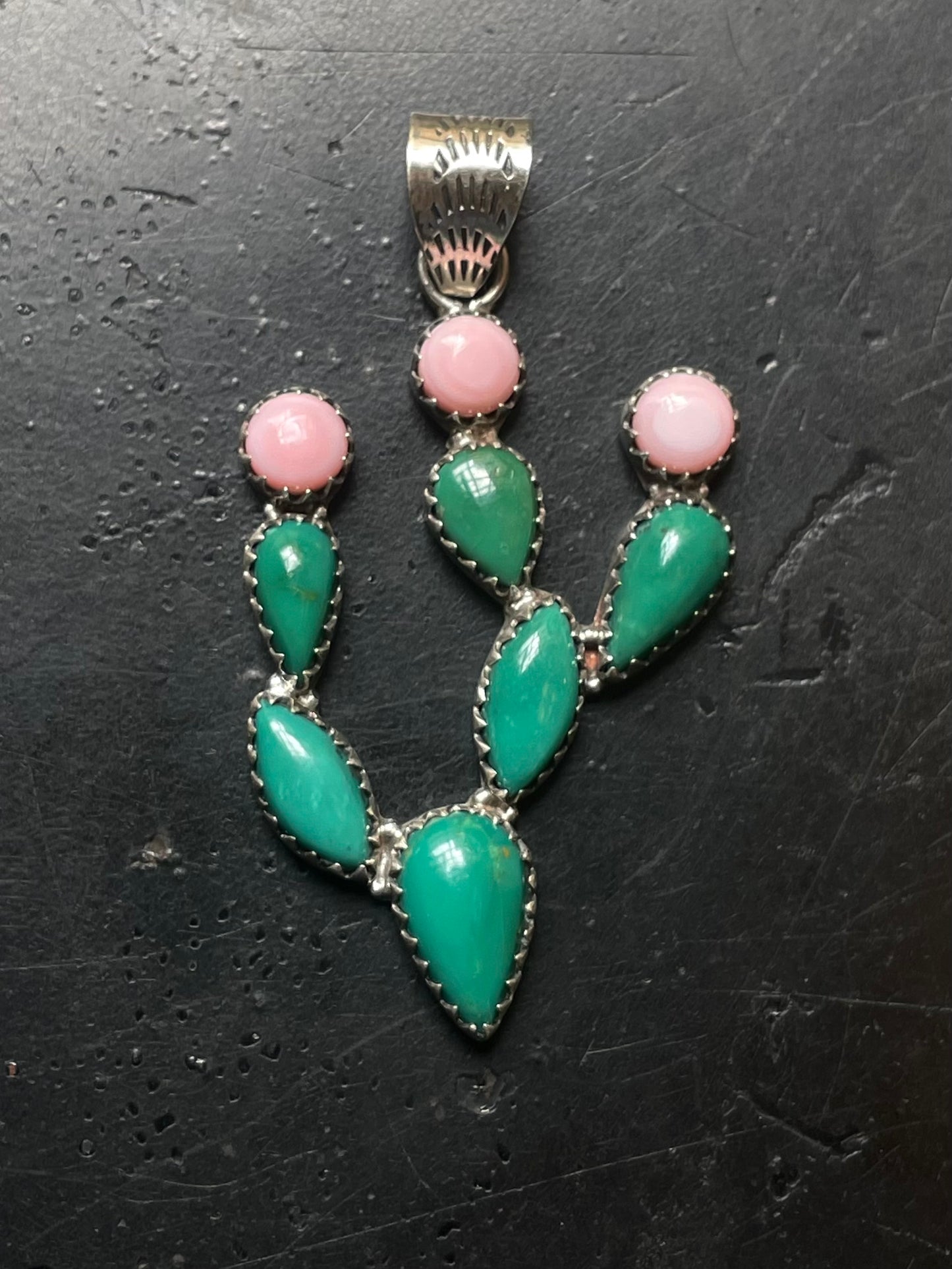 Turquoise Pink Conch Cactus Pendant | Sterling Silver E702