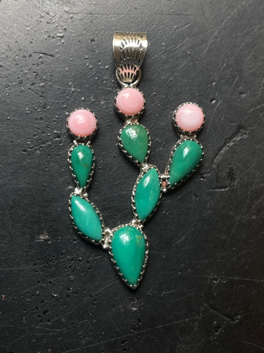 Turquoise Pink Conch Cactus Pendant | Sterling Silver E702