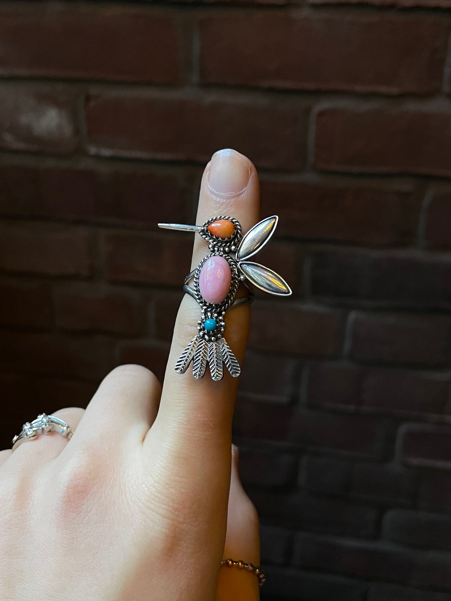 Turquoise Pink Conch Spiny Oyster Hummingbird Ring Size 6 | 925 Sterling Silver E419