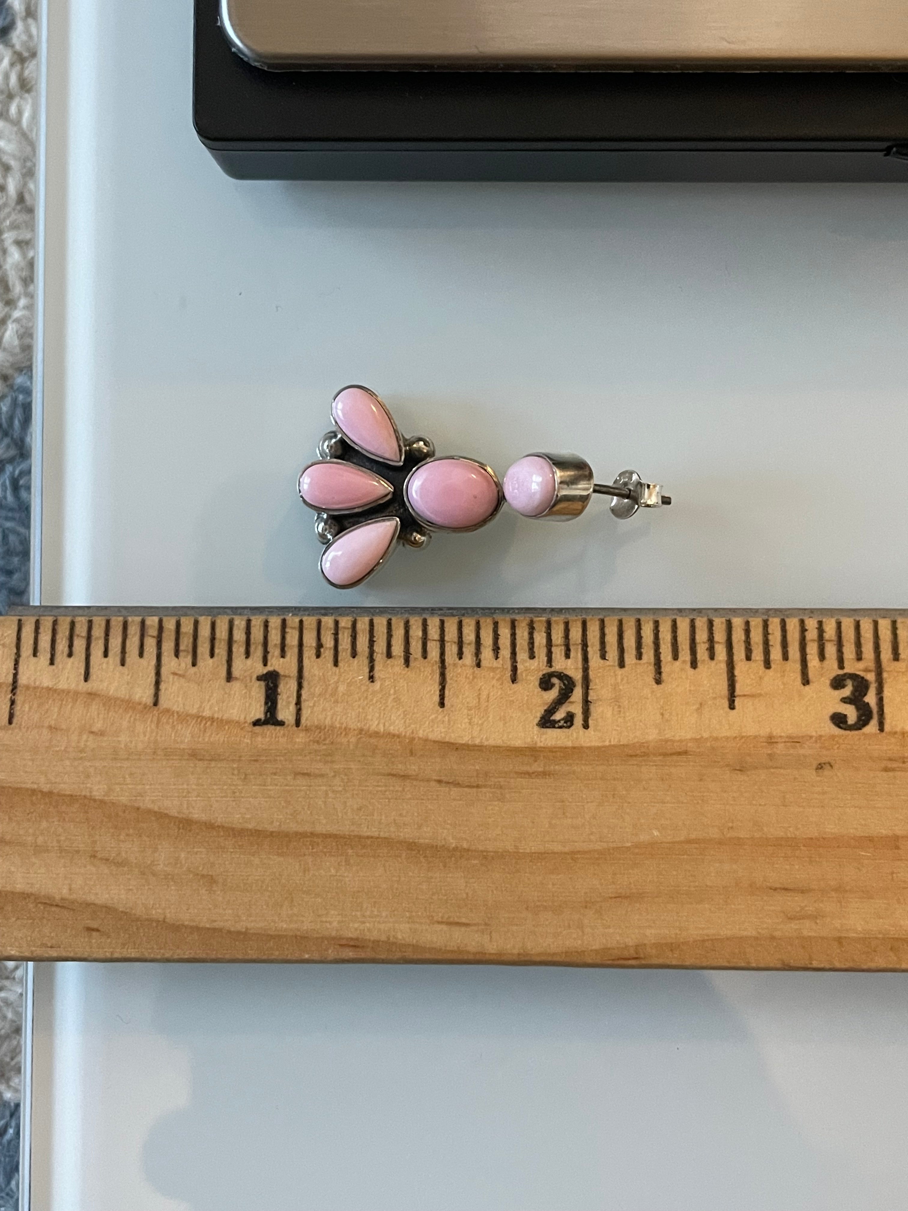 Pink Conch Drop Stud Earrings | Multi Stone Cluster Sterling Silver E674