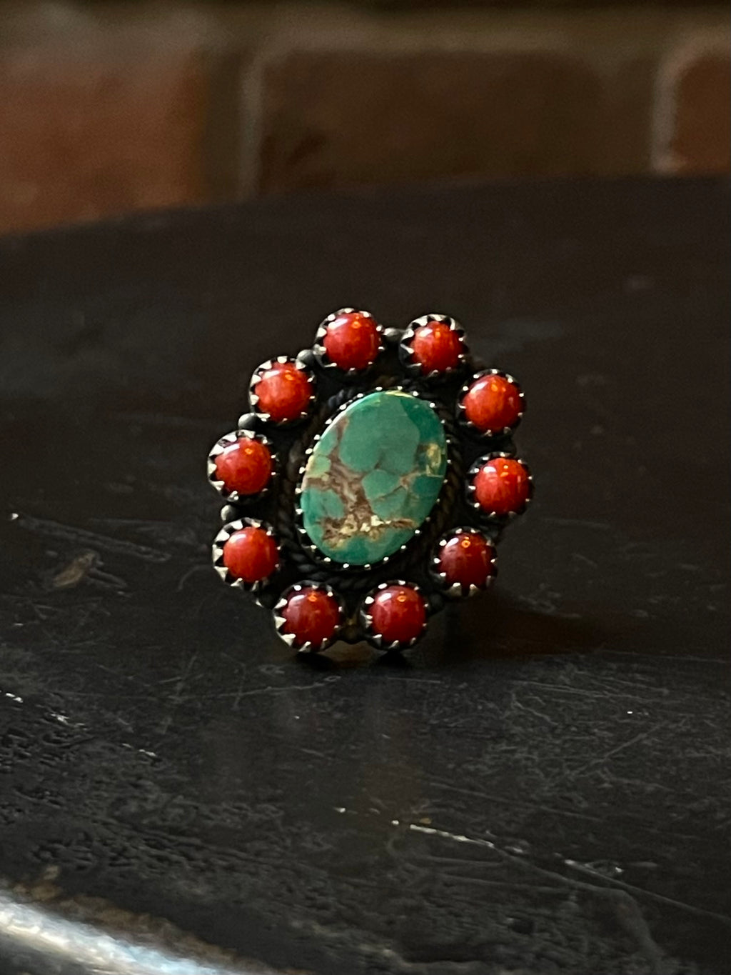 Kingman Turquoise Coral Cluster Ring | Sterling Silver | Size 9 | A179