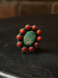 Kingman Turquoise Coral Cluster Ring | Sterling Silver | Size 9 | A179