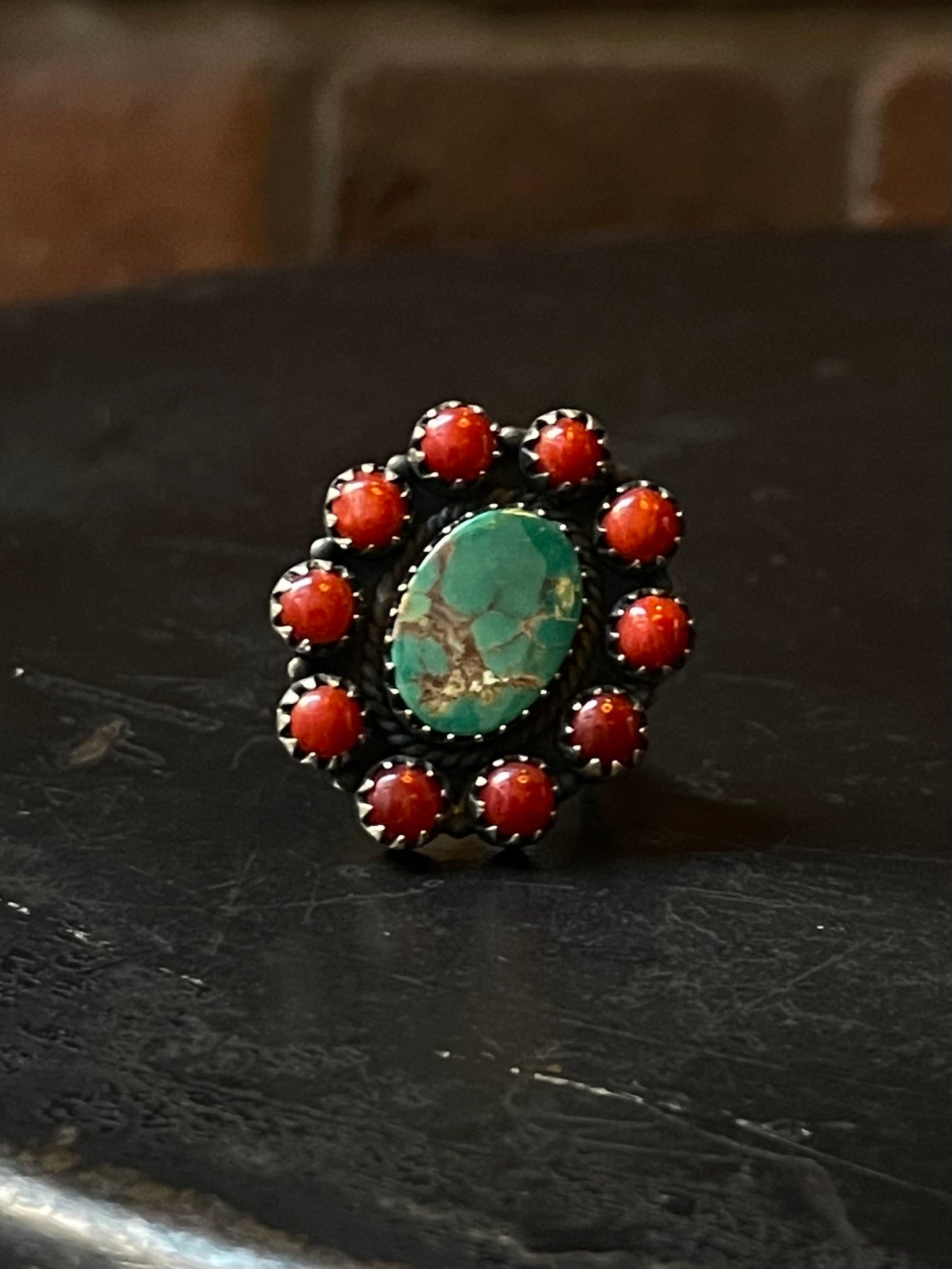 Kingman Turquoise Coral Cluster Ring | Sterling Silver | Size 9 | A179