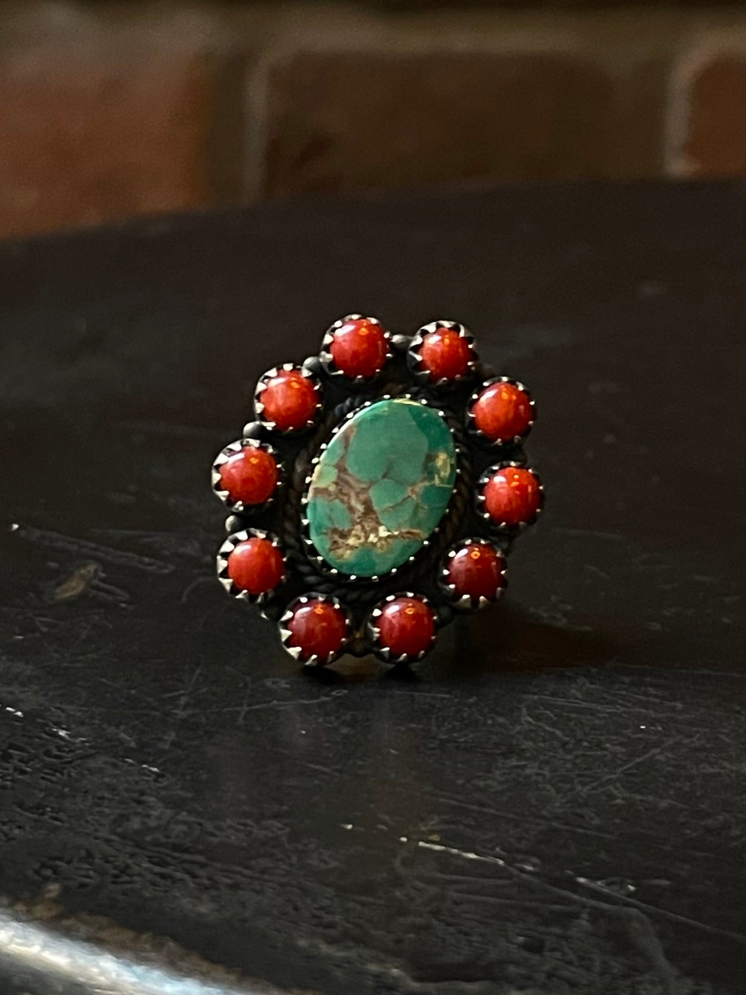 Kingman Turquoise Coral Cluster Ring | Sterling Silver | Size 9 | A179
