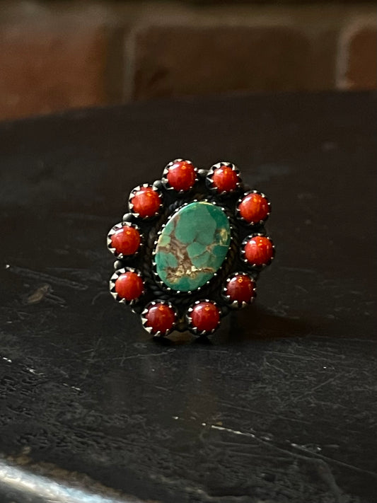 Kingman Turquoise Coral Cluster Ring | Sterling Silver | Size 9 | A179