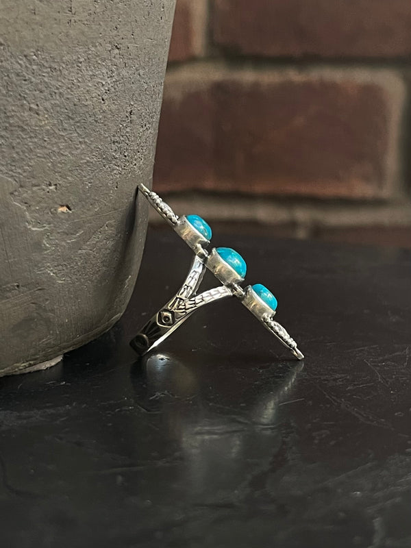 Kingman Turquoise Triple Stone Ring Size 6.75 | 925 Sterling Silver G588