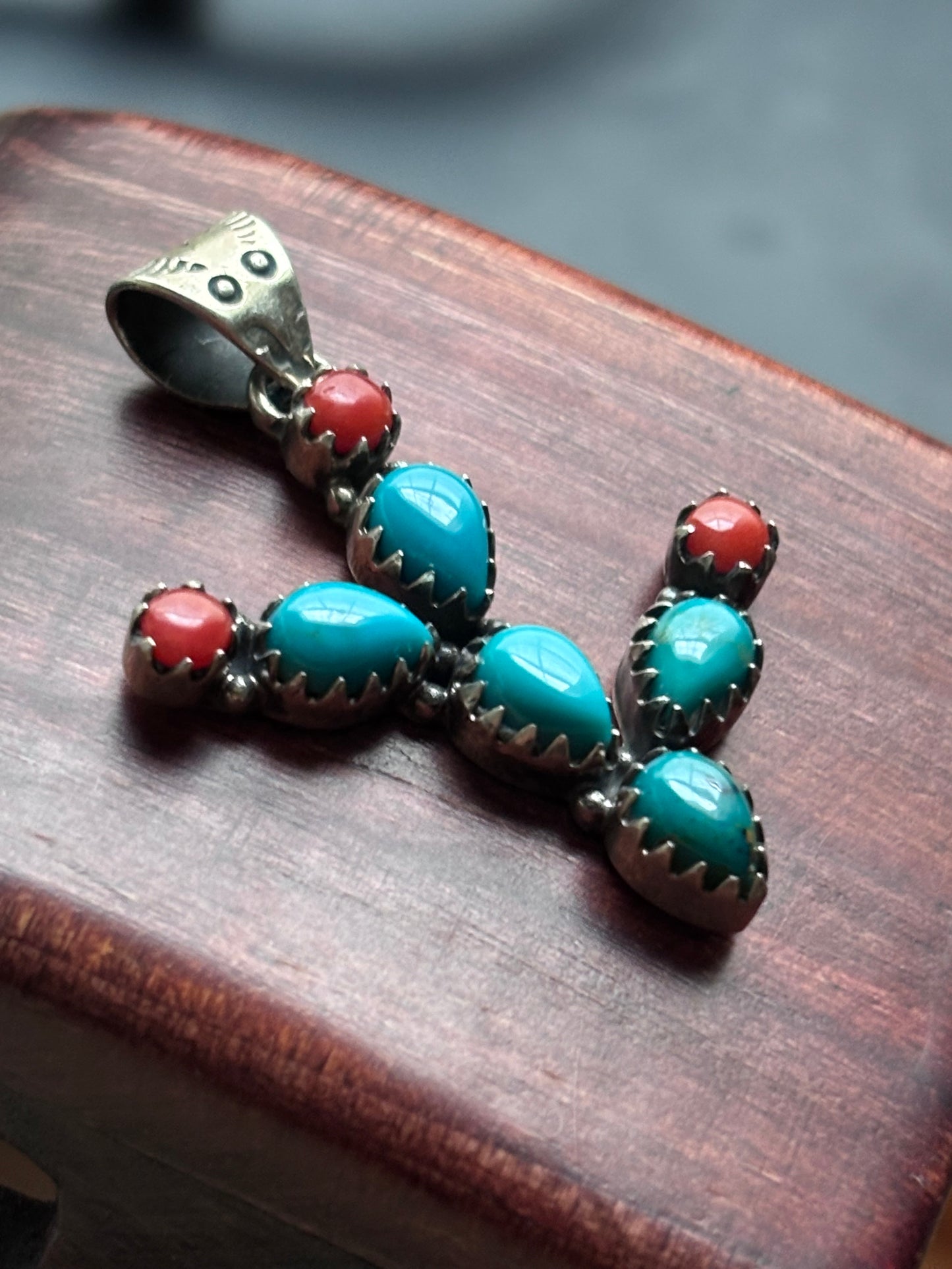 Turquoise Coral Cactus Pendant | Sterling Silver Southwestern Style A091