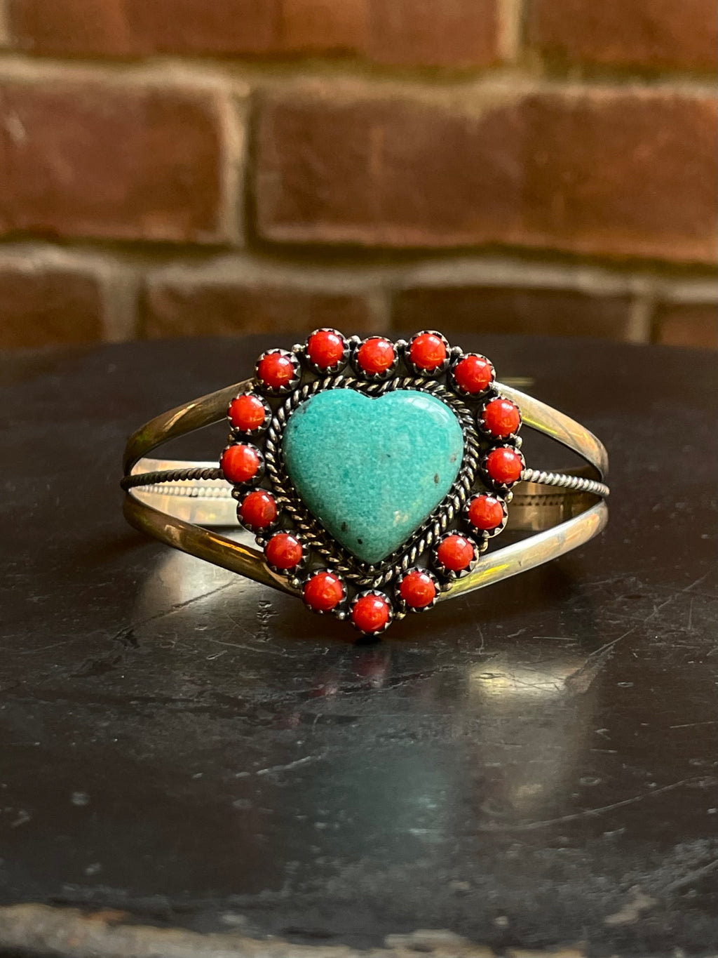 Kingman Turquoise & Italian Coral Heart Cuff Bracelet | 925 Sterling Silver G615