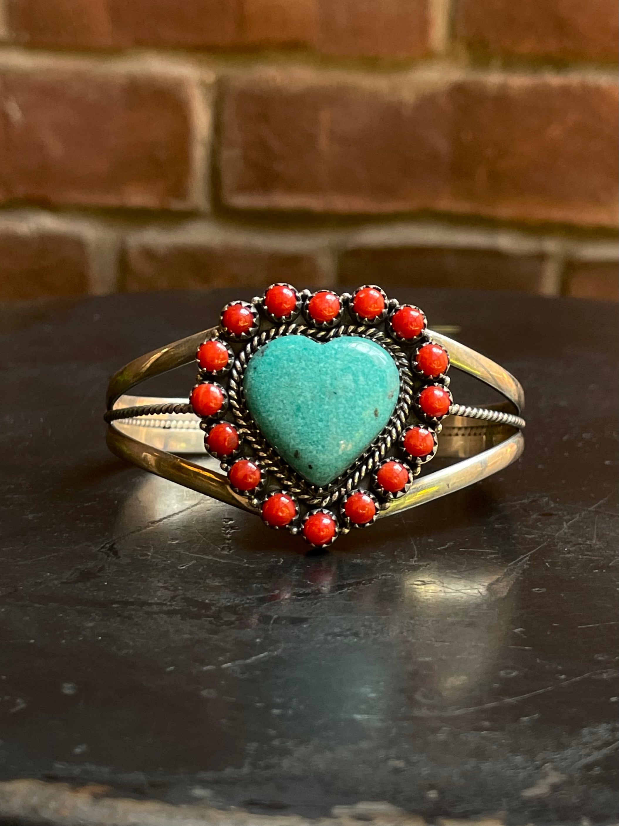 Kingman Turquoise & Italian Coral Heart Cuff Bracelet | 925 Sterling Silver G615