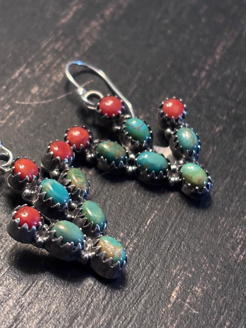 Turquoise Coral Prickly Pear Dangle Earrings | Sterling Silver A093
