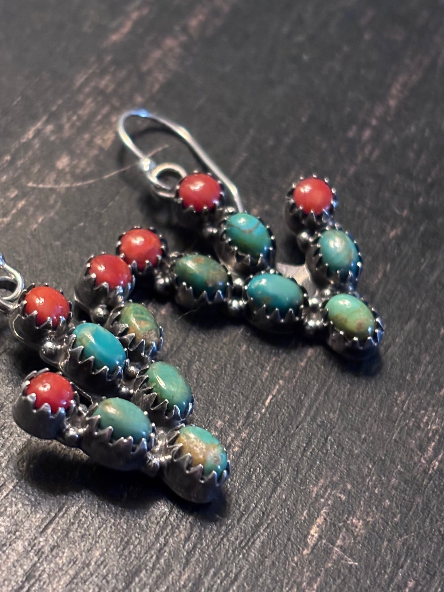 Turquoise Coral Prickly Pear Dangle Earrings | Sterling Silver A093