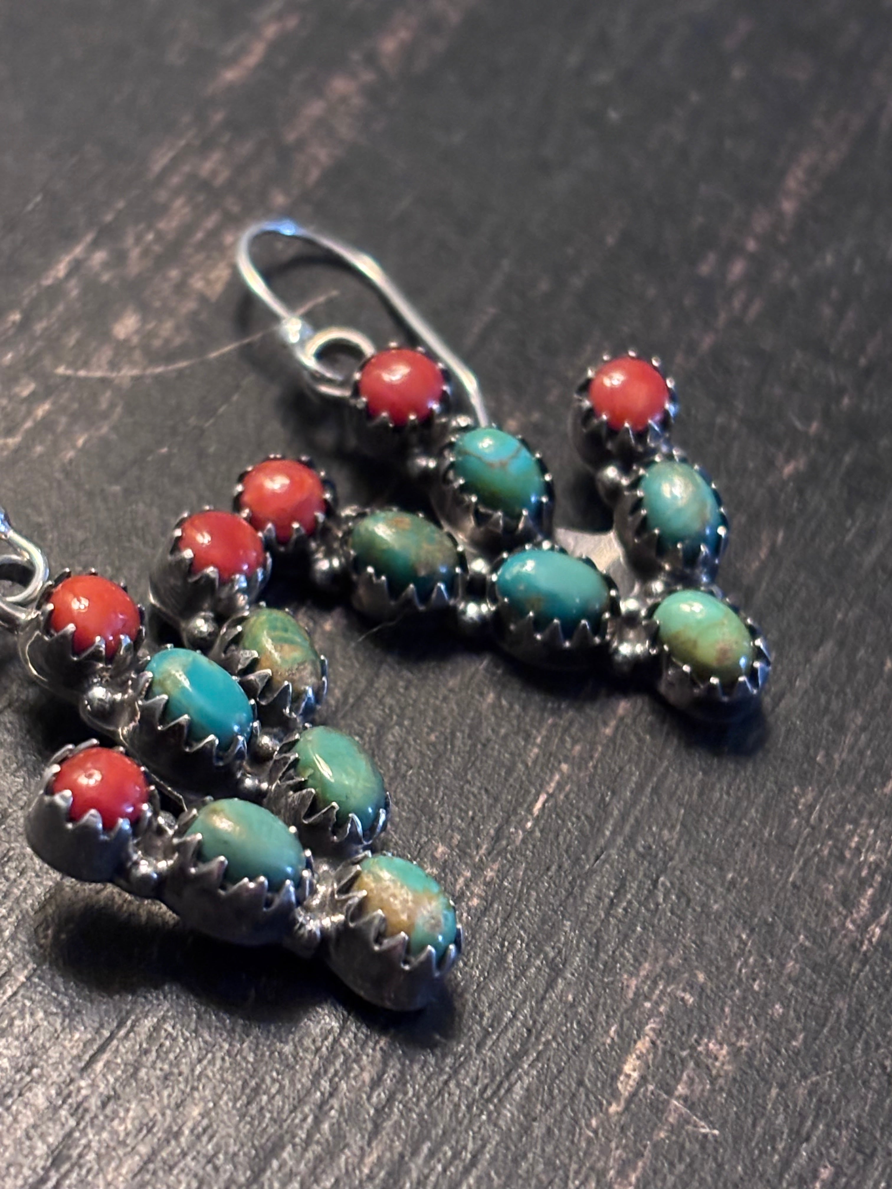 Turquoise Coral Prickly Pear Dangle Earrings | Sterling Silver A093
