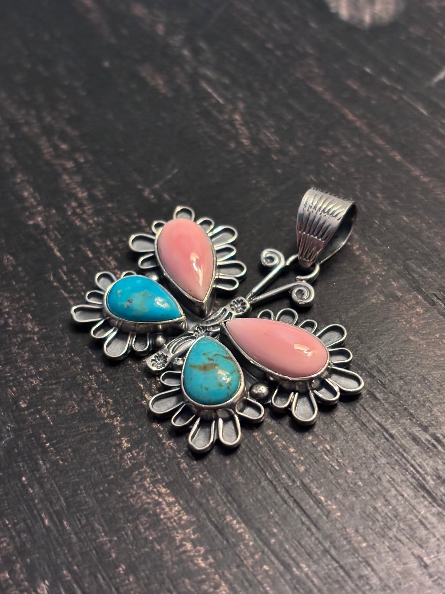 Pink Conch Turquoise Butterfly Pendant | 925 Sterling Silver A117