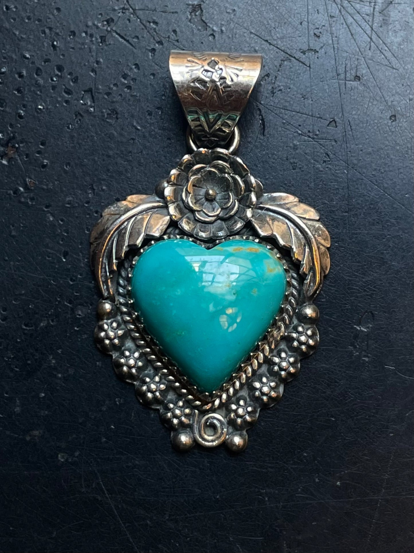 Kingman Turquoise Heart Floral Pendant | Sterling Silver E930