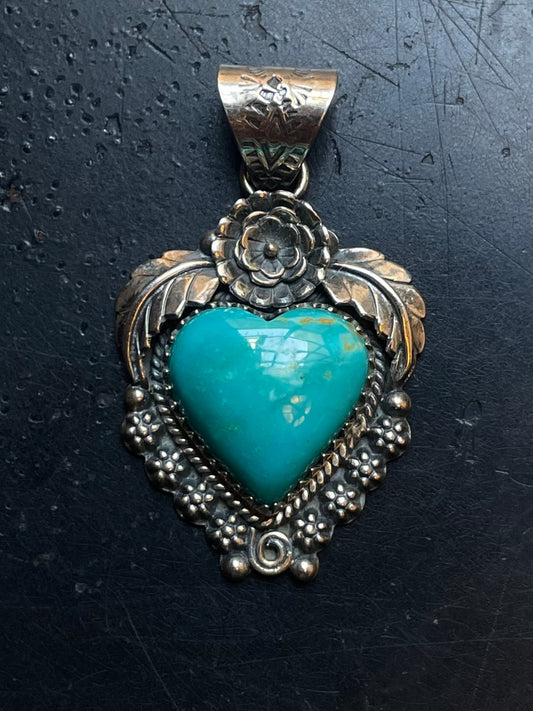 Kingman Turquoise Heart Floral Pendant | Sterling Silver E930