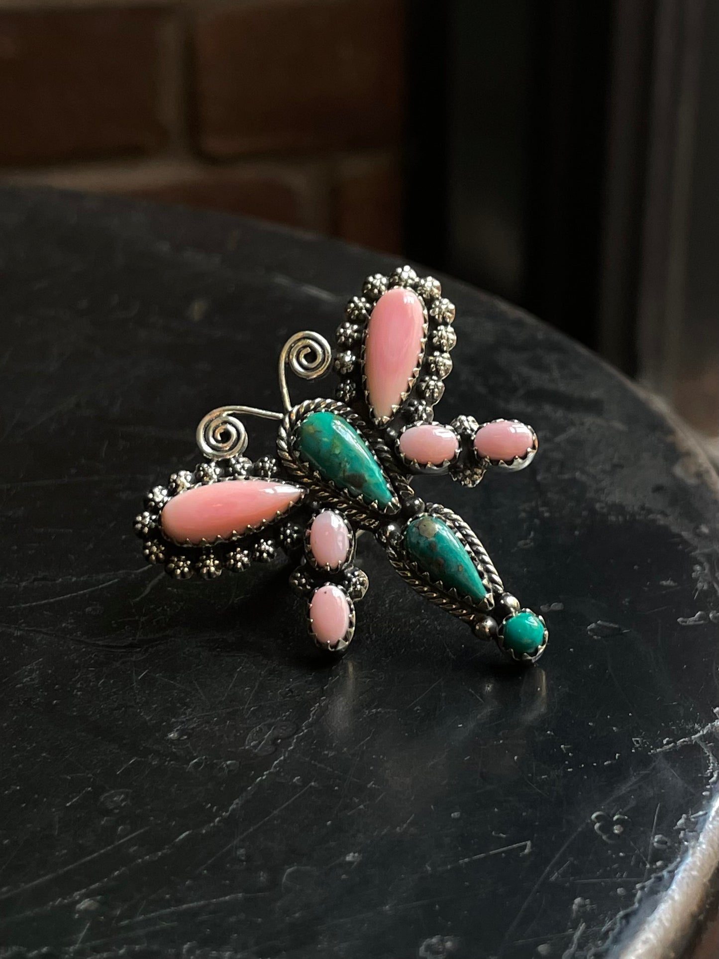 Pink Conch Kingman Turquoise Dragonfly Ring | 925 Sterling Silver | Size 7 E293