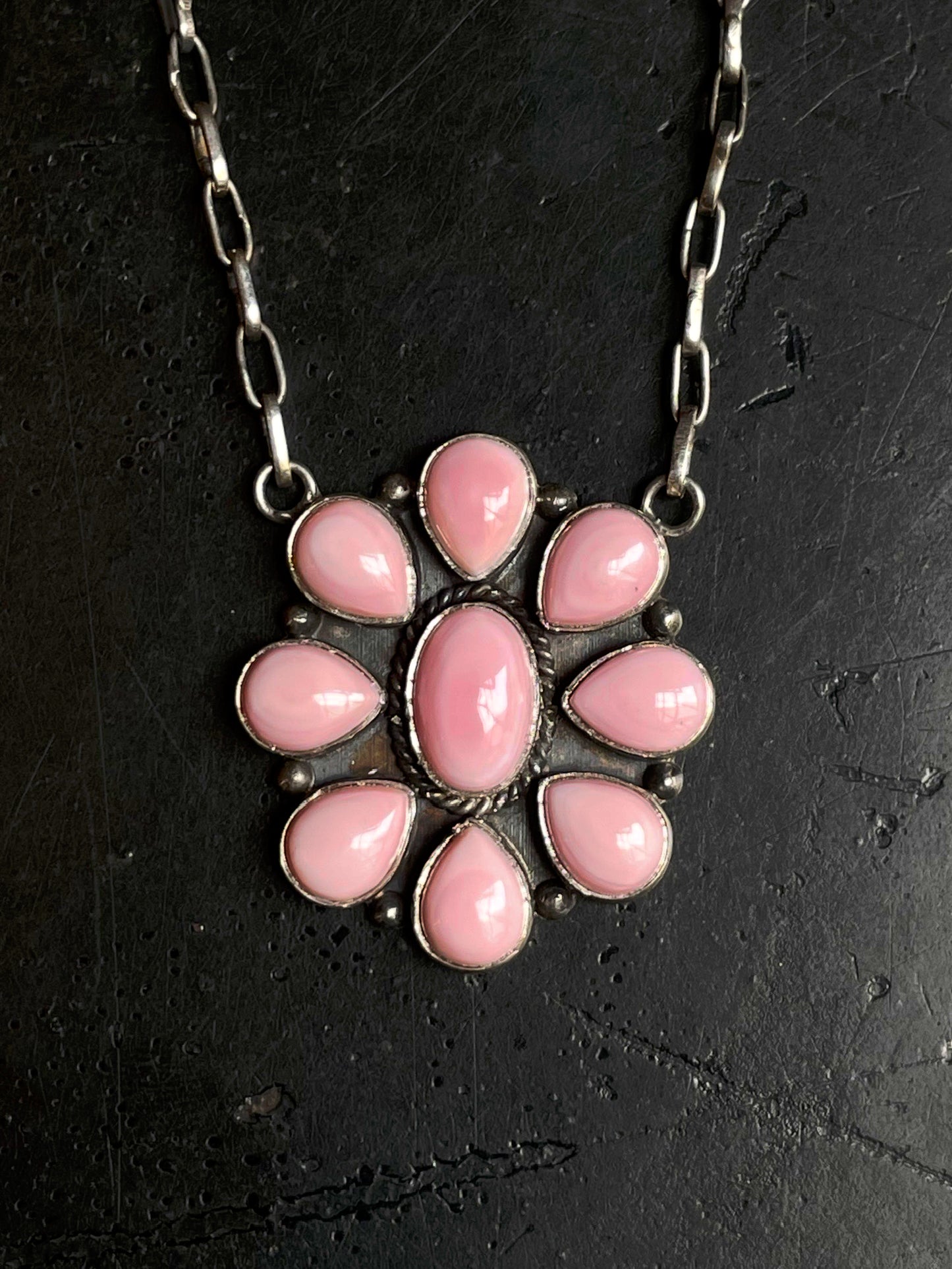 Pink Conch Flower Necklace | Oval Cluster Blossom | 925 Silver E552