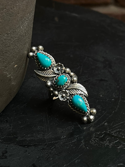 Kingman Turquoise Feather Ring Size 6.25 | 925 Sterling Silver Southwest E212