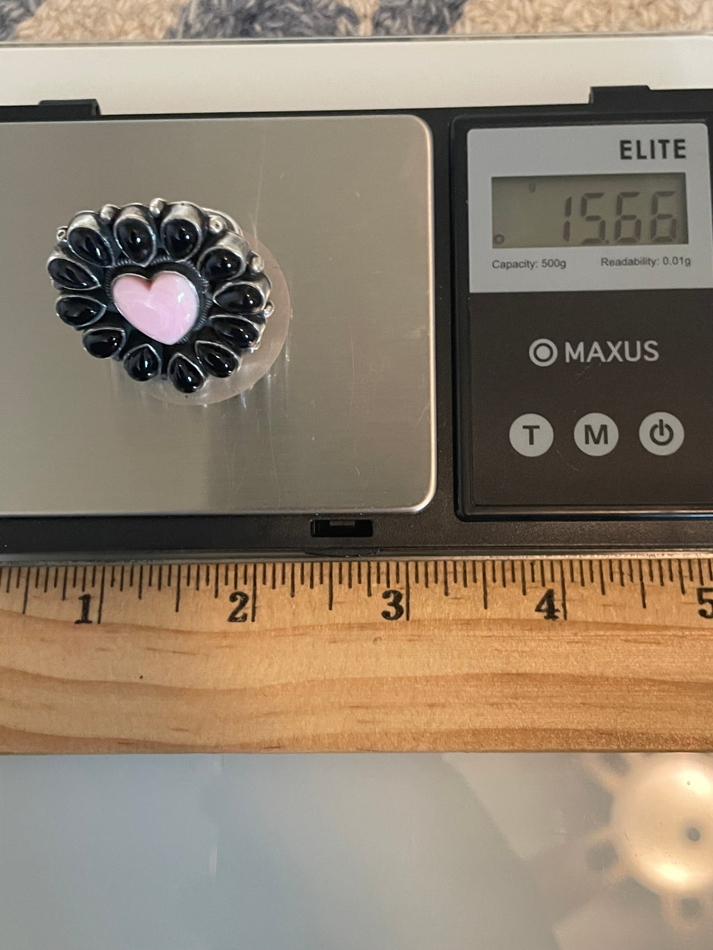 Black Onyx & Pink Conch Flower Ring | 925 Sterling Silver Size 8 G570