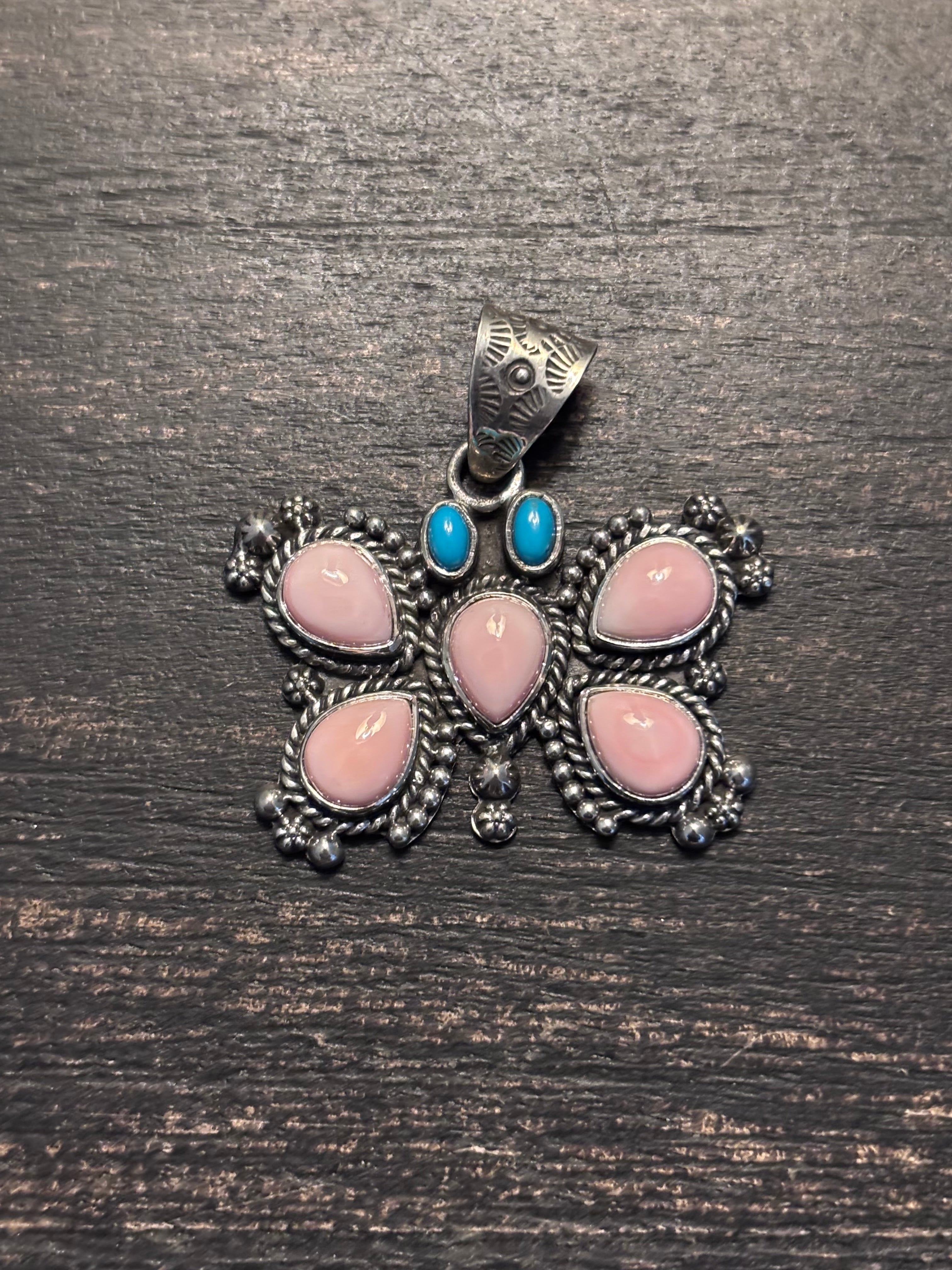 Pink Conch Turquoise Butterfly Pendant | 925 Sterling Silver A116