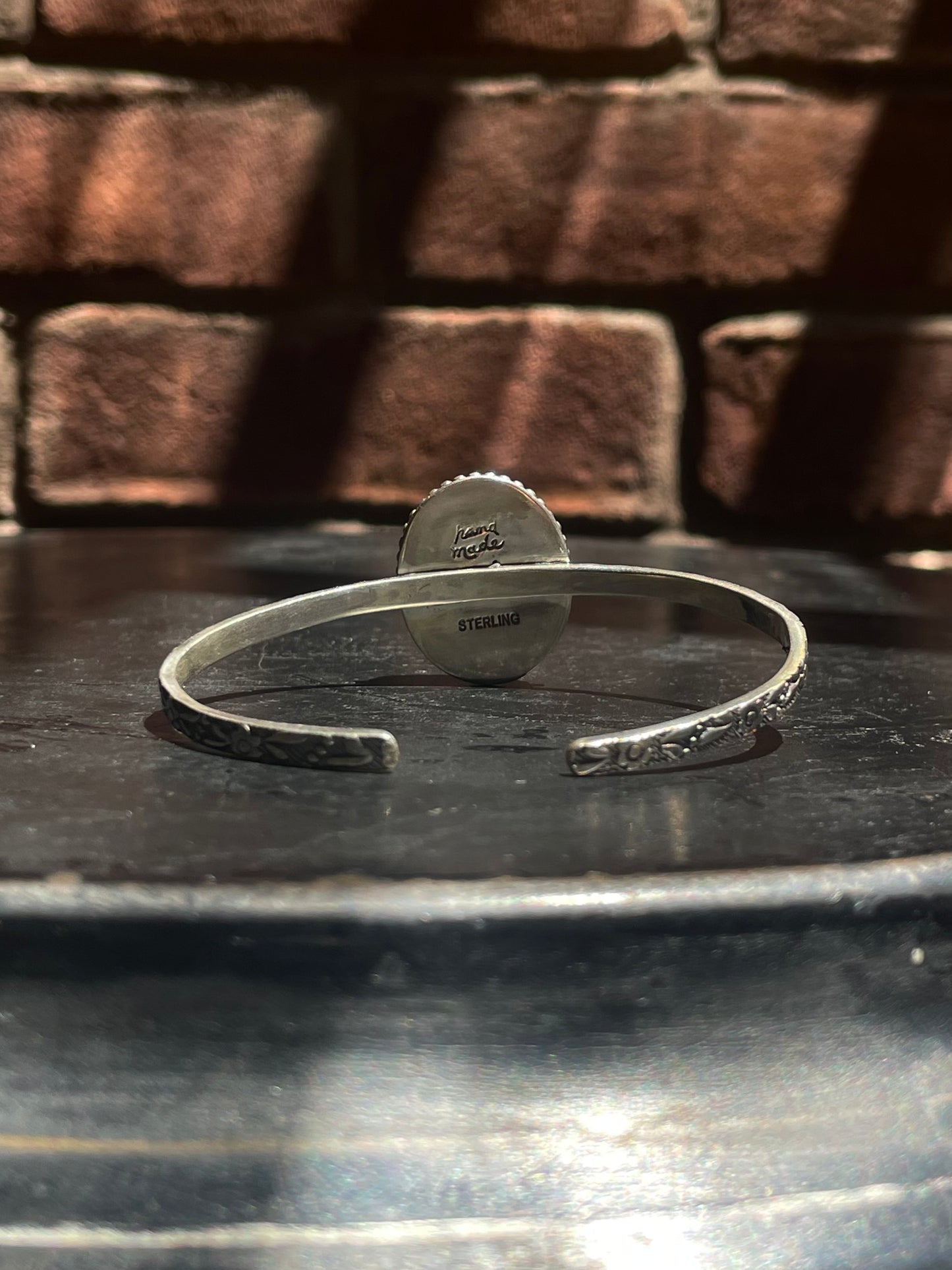 Kingman Turquoise Floral Stamped Cuff Bracelet | Sterling Silver G428