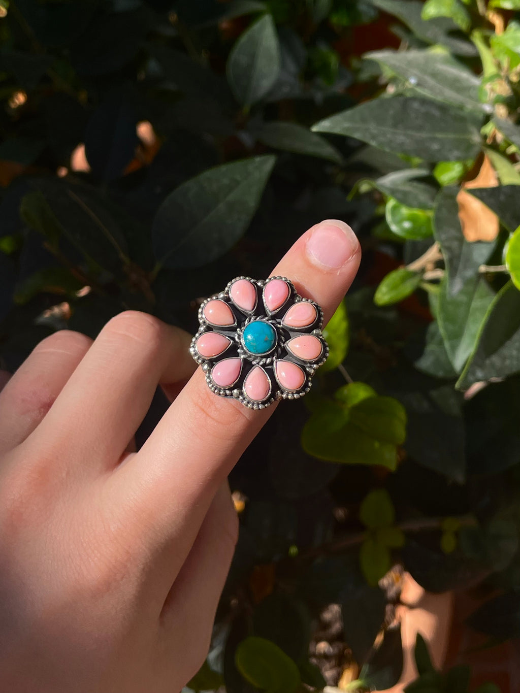 Pink Conch Turquoise Cluster Ring | Sterling Silver | Size 6 C857