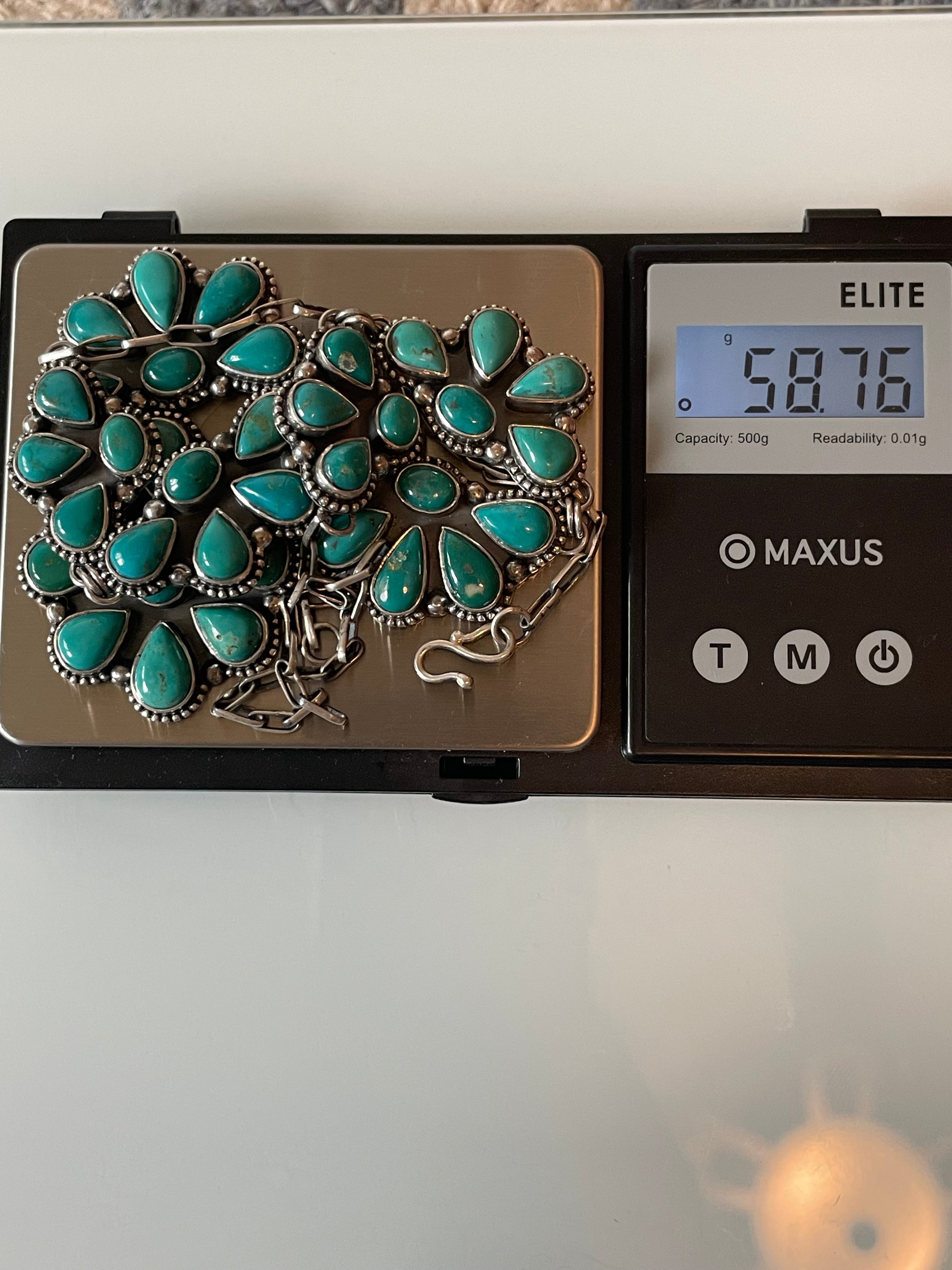 Kingman Turquoise Cluster Flroal Lariat Necklace | 925 Sterling Silver G604