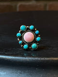 Pink Conch & Kingman Turquoise Cluster Ring Size 7.5 | 925 Sterling Silver E418