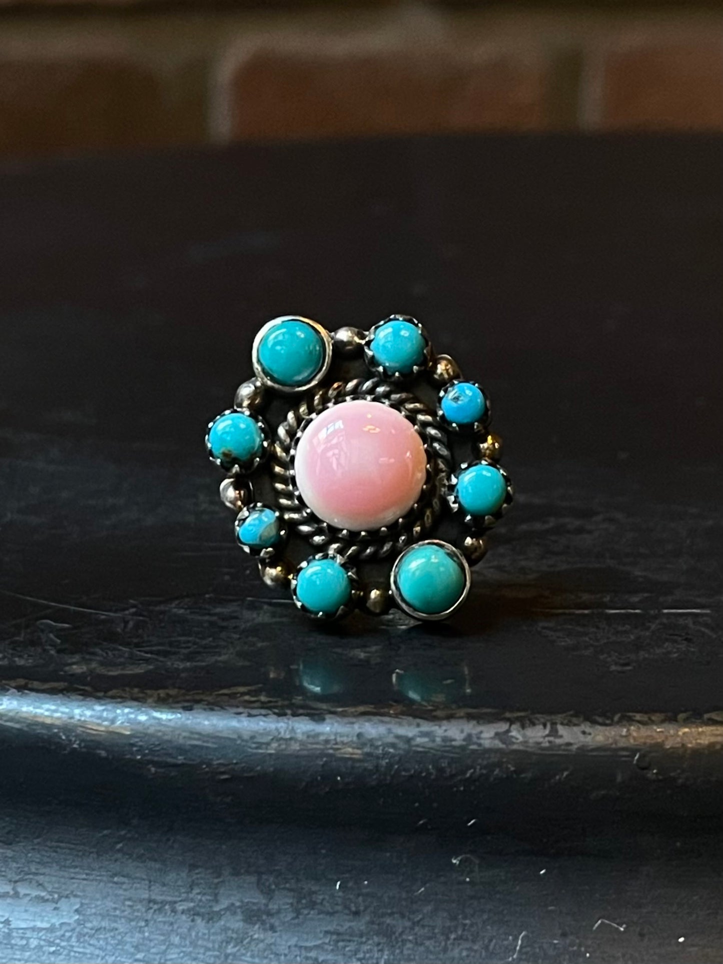 Pink Conch & Kingman Turquoise Cluster Ring Size 7.5 | 925 Sterling Silver E418