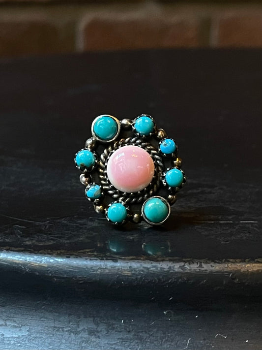 Pink Conch & Kingman Turquoise Cluster Ring Size 7.5 | 925 Sterling Silver E418