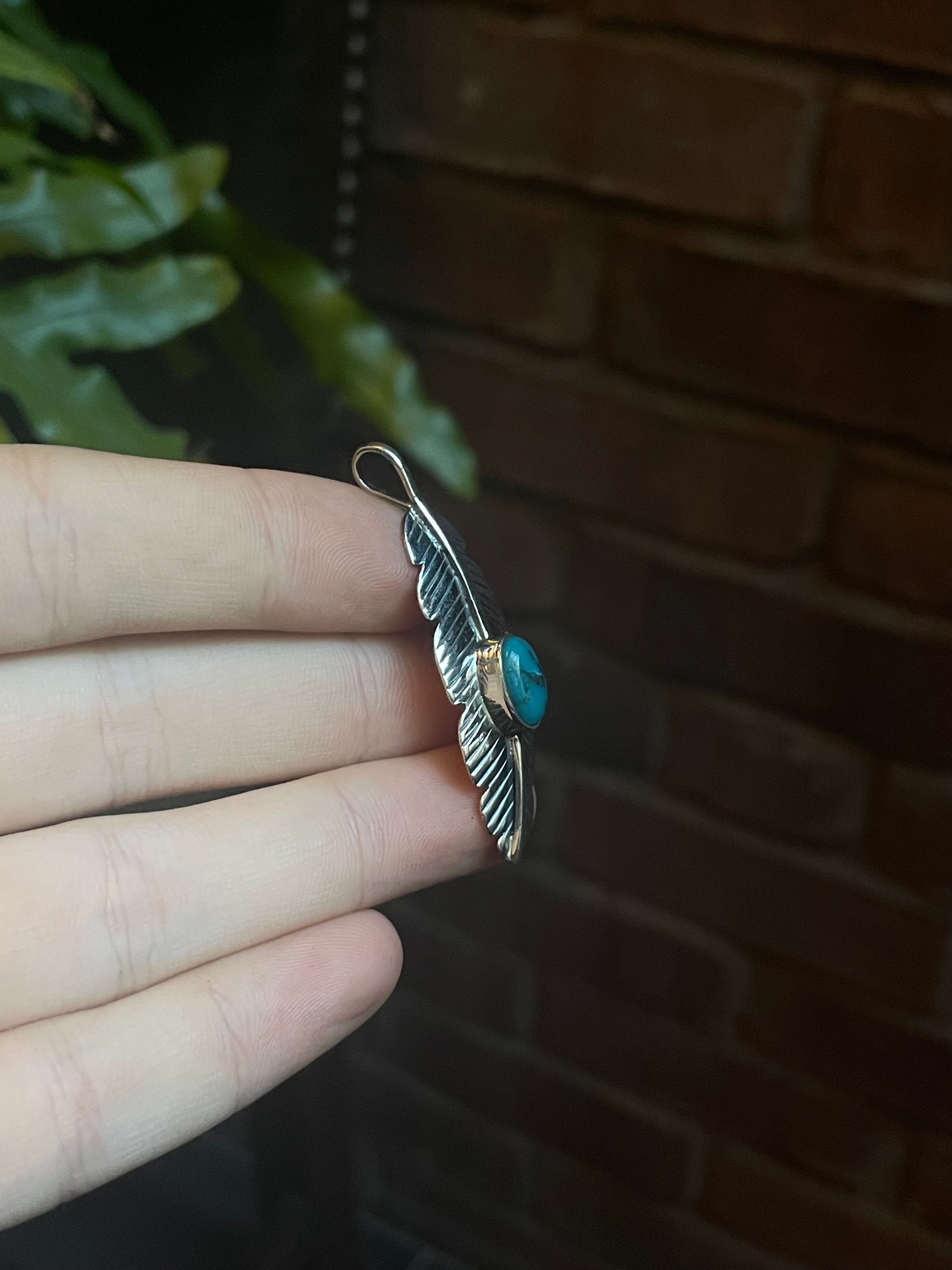 Turquoise Feather Pendant | 925 Sterling Silver C911