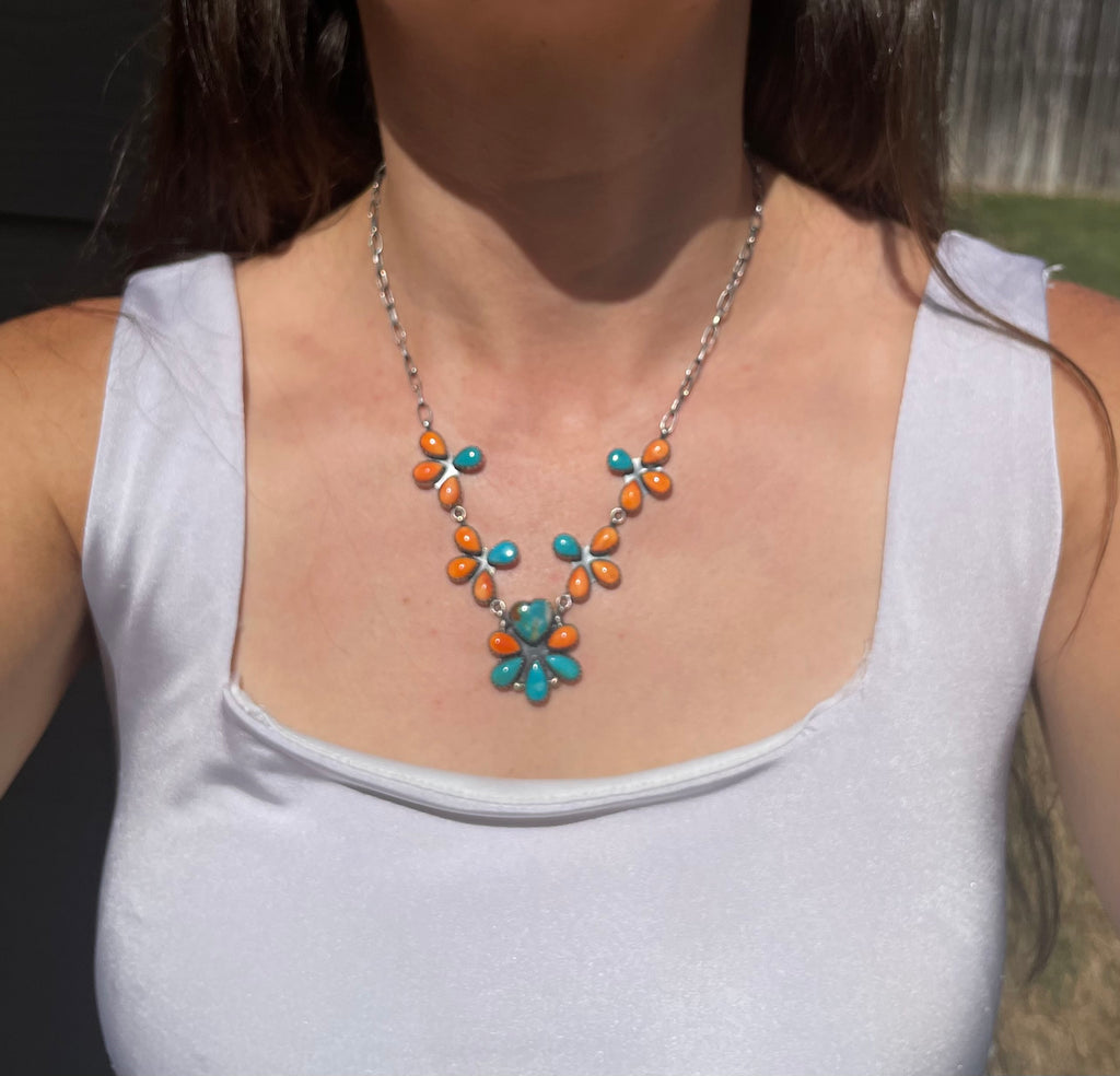 Turquoise & Spiny Oyster Floral Necklace | 925 Sterling Silver D251