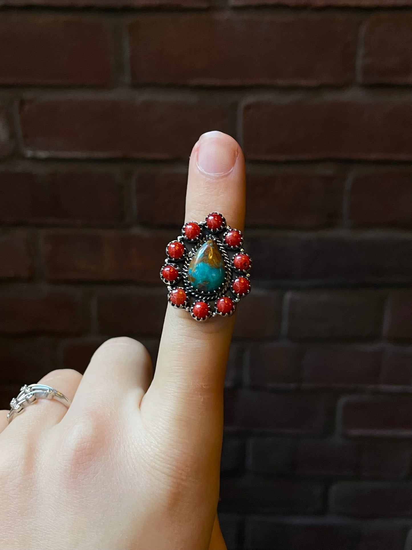 Kingman Turquoise Coral Cluster Ring | Sterling Silver | Size 7 | A160