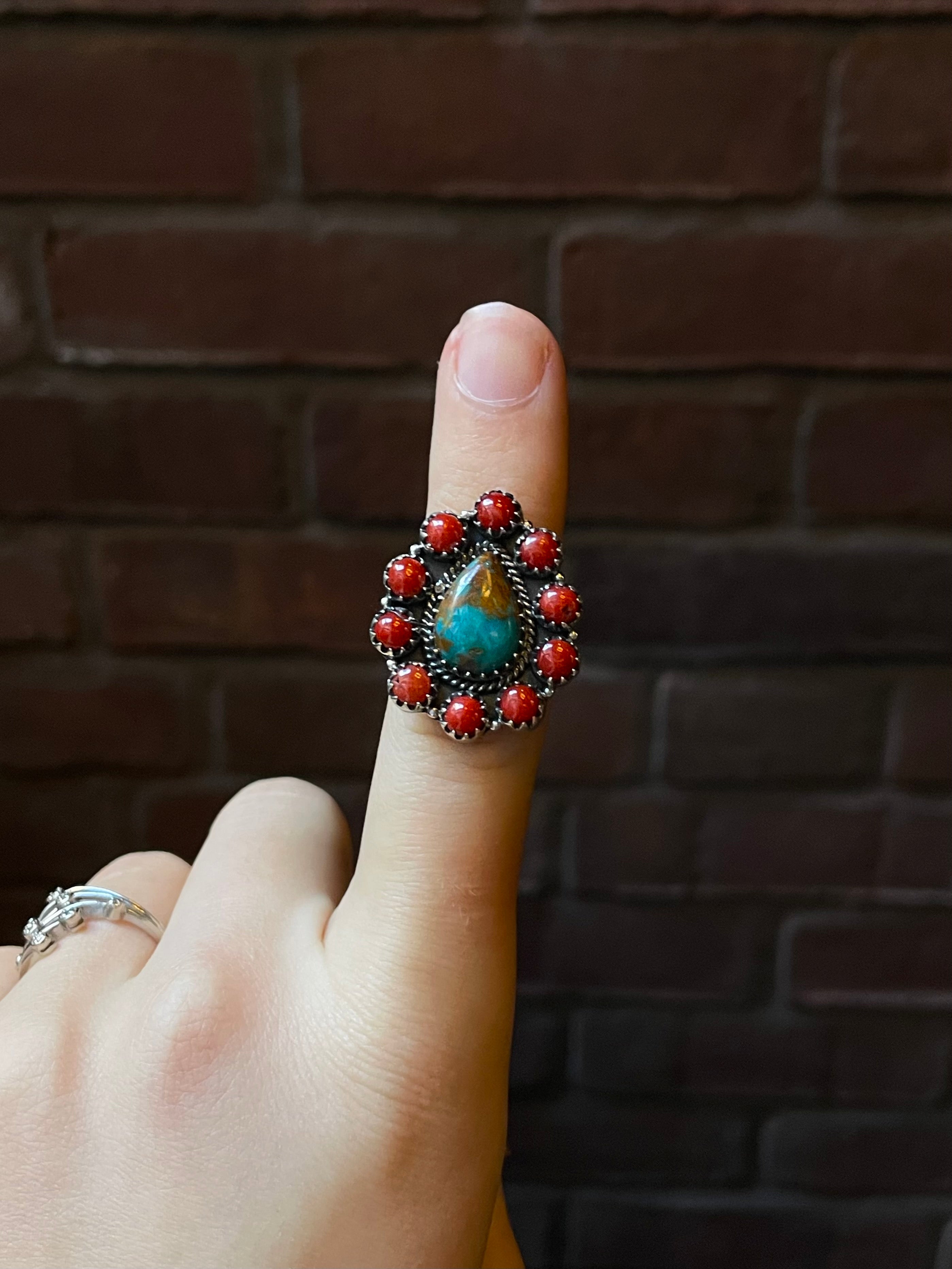 Kingman Turquoise Coral Cluster Ring | Sterling Silver | Size 7 | A160