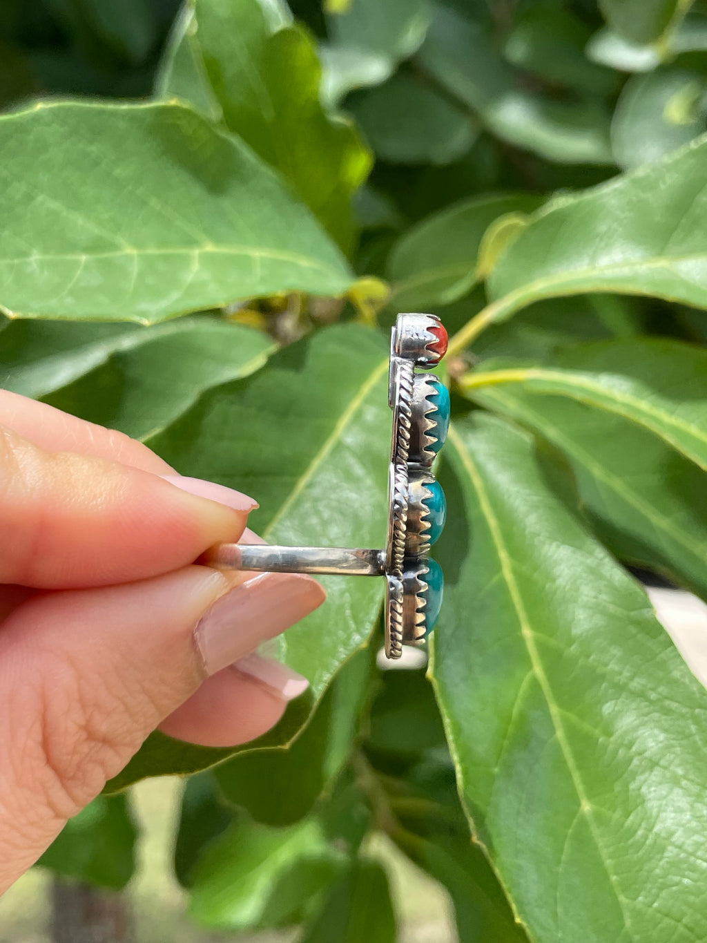 Kingman Turquoise & Coral Cactus Ring Size 6 | 925 Sterling Silver D181