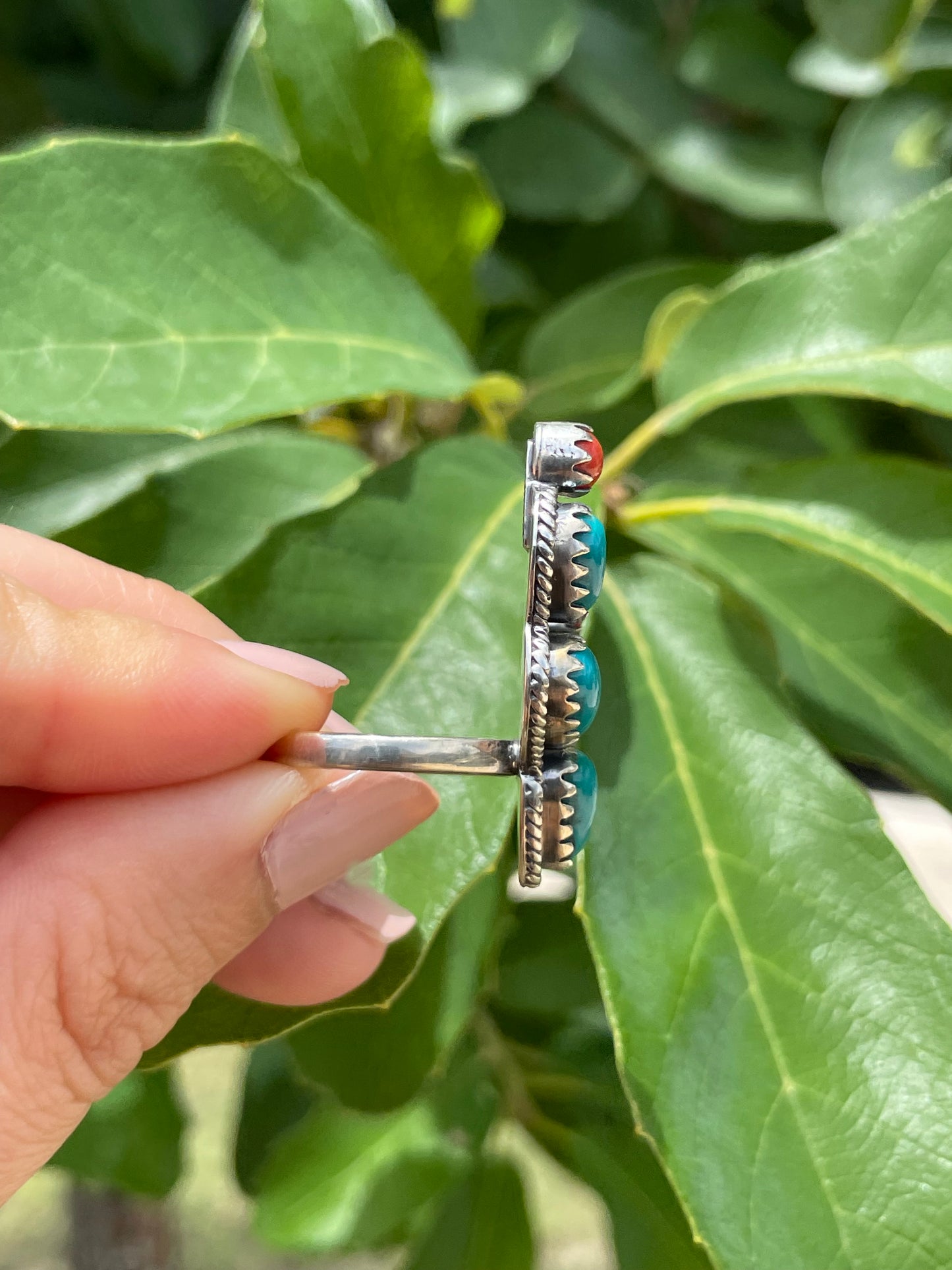 Kingman Turquoise & Coral Cactus Ring Size 6 | 925 Sterling Silver D181
