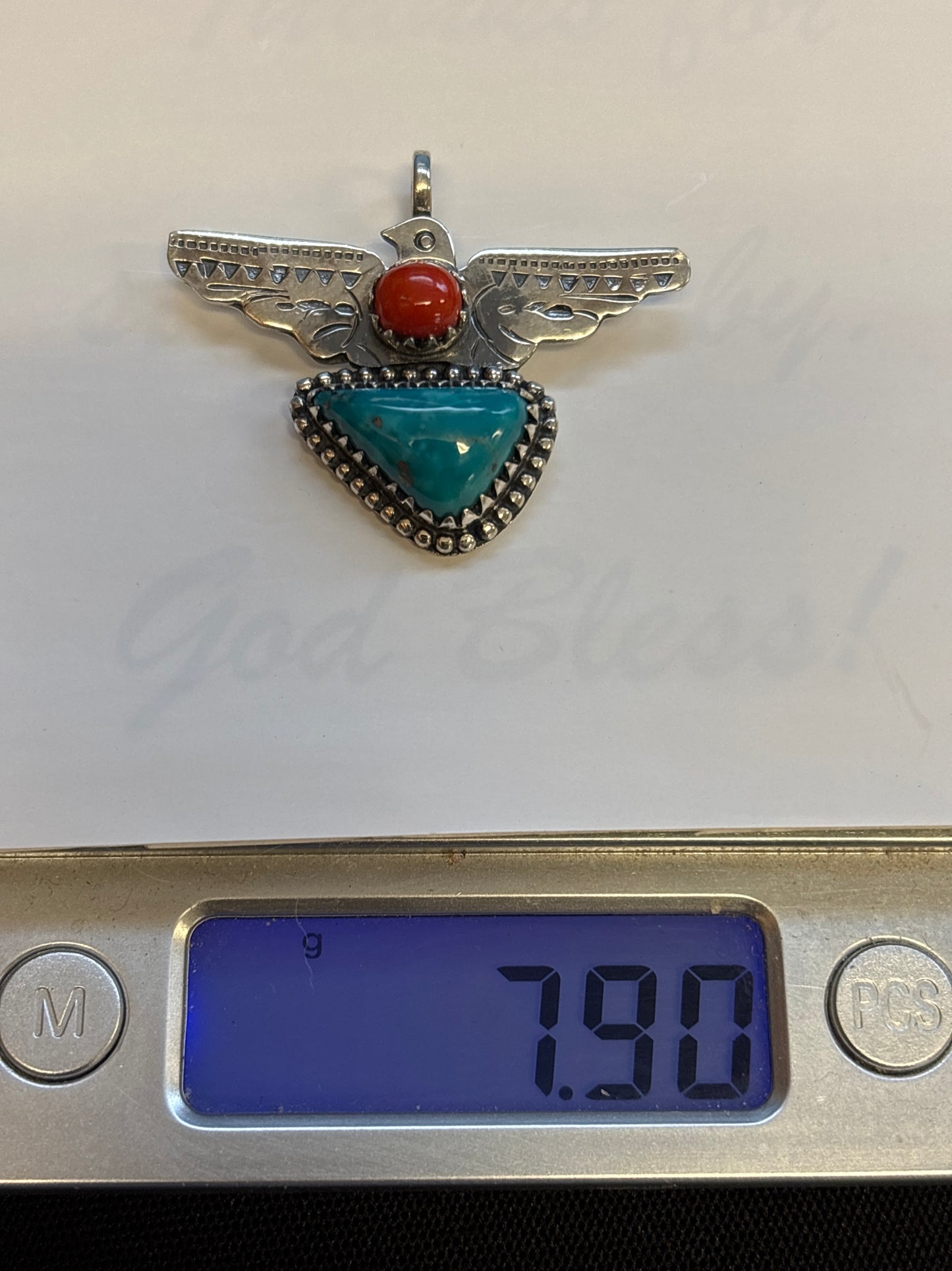 Turquoise & Coral Thunderbird Pendant | 925 Sterling Silver C820