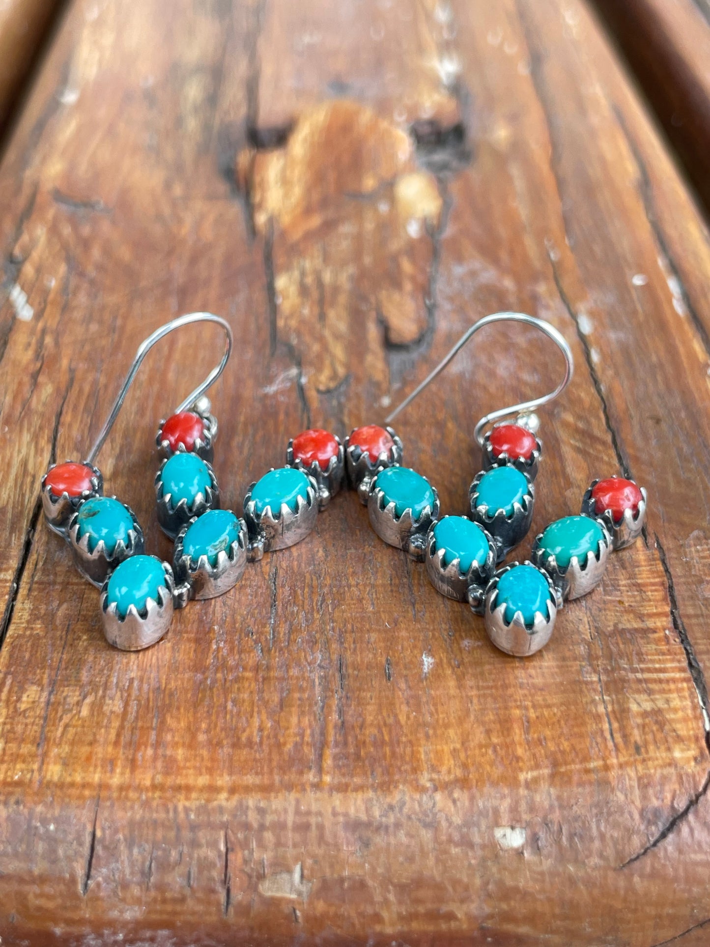 Turquoise and Coral Cactus Earrings | Sterling Silver B951