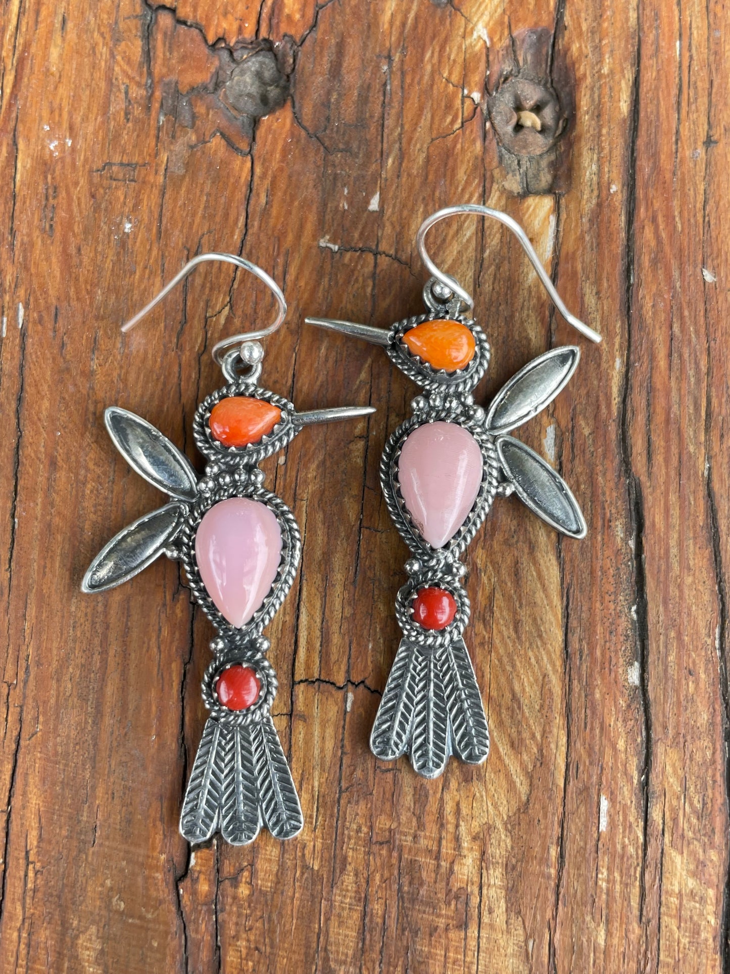 Pink Conch Hummingbird Earrings | Spiny Oyster & Coral | Sterling Silver B962