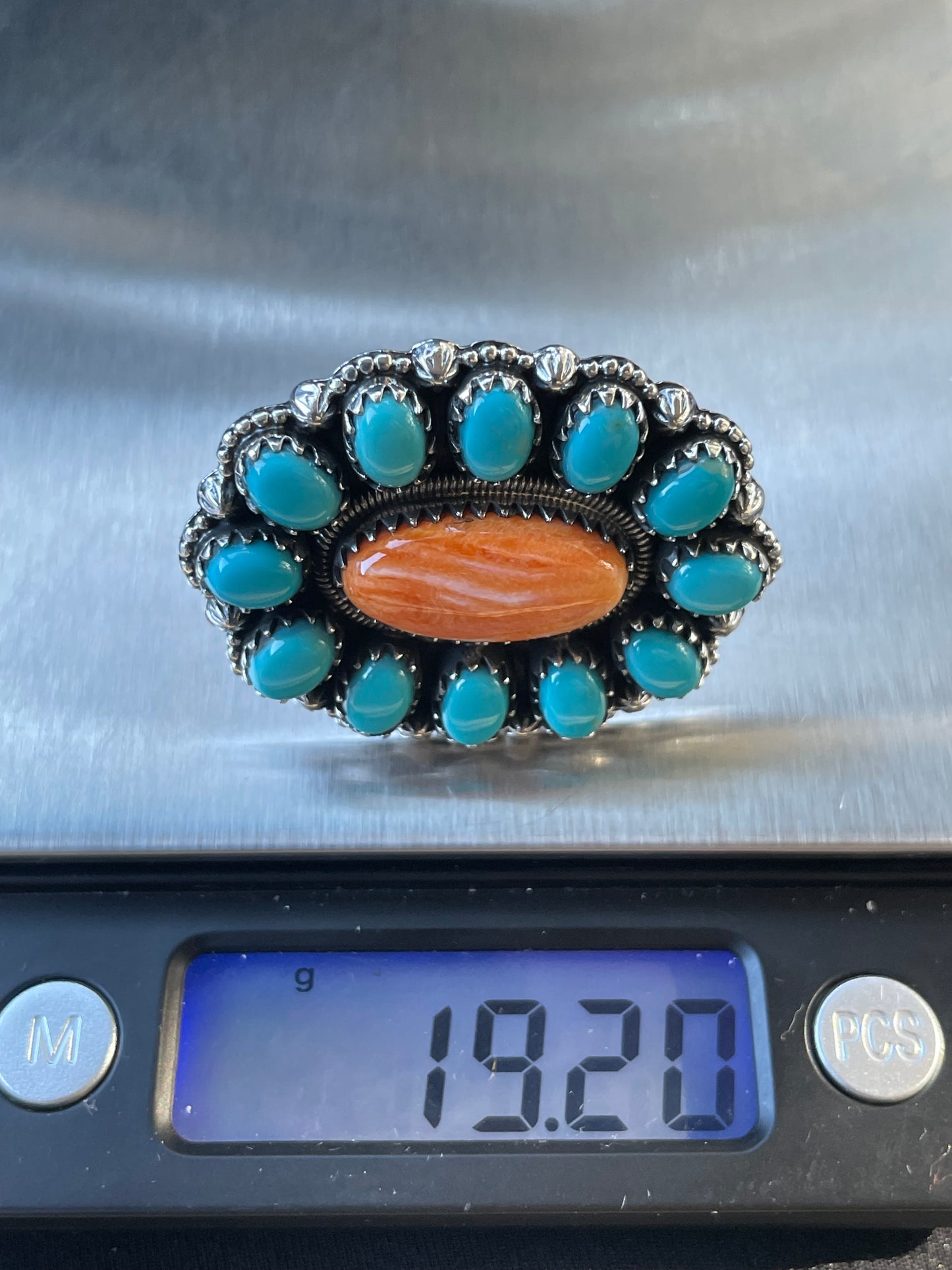 Spiny Oyster Kingman Turquoise Cluster Ring Size 7 | 925 Sterling Silver D105