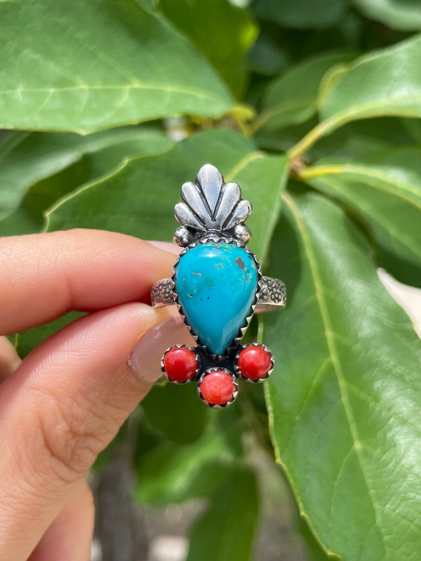 Kingman Turquoise & Coral Ring Size 7 | 925 Sterling Silver D179