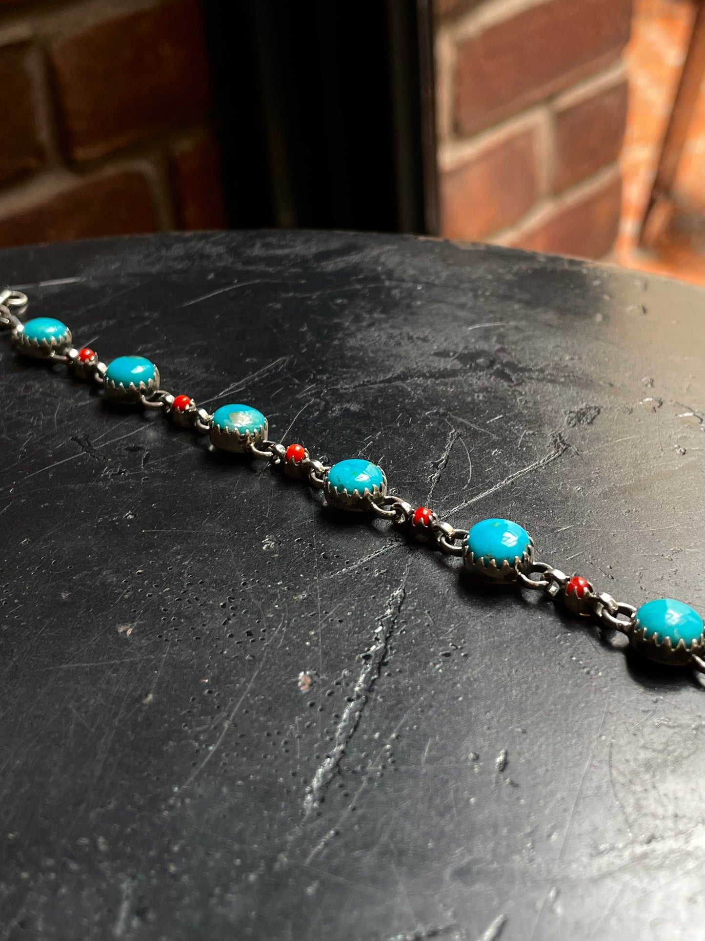 Kingman Turquoise Coral Link Bracelet | 925 Sterling Silver E105