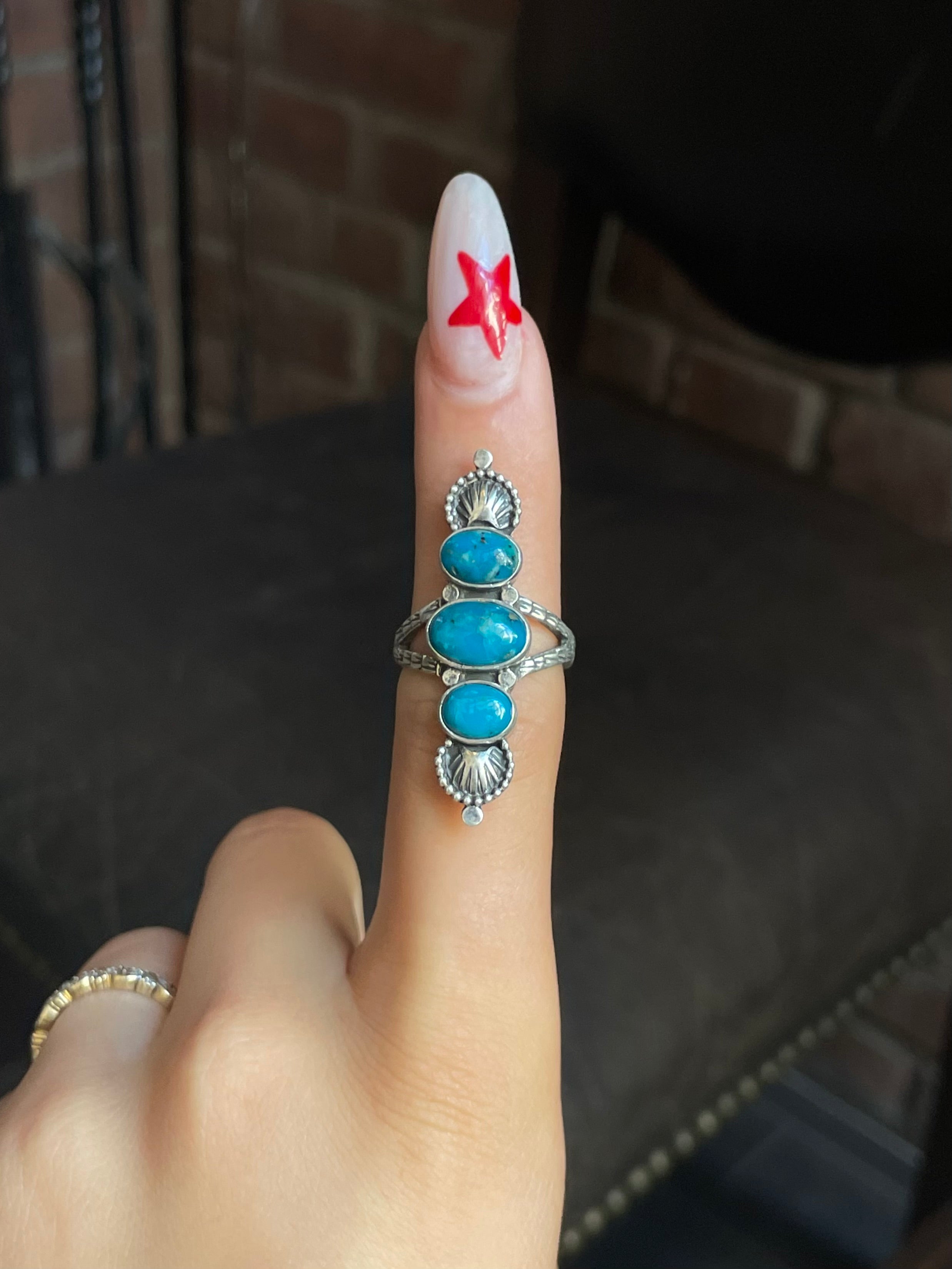 Kingman Turquoise Triple Stone Ring Size 6.75 | 925 Sterling Silver G588